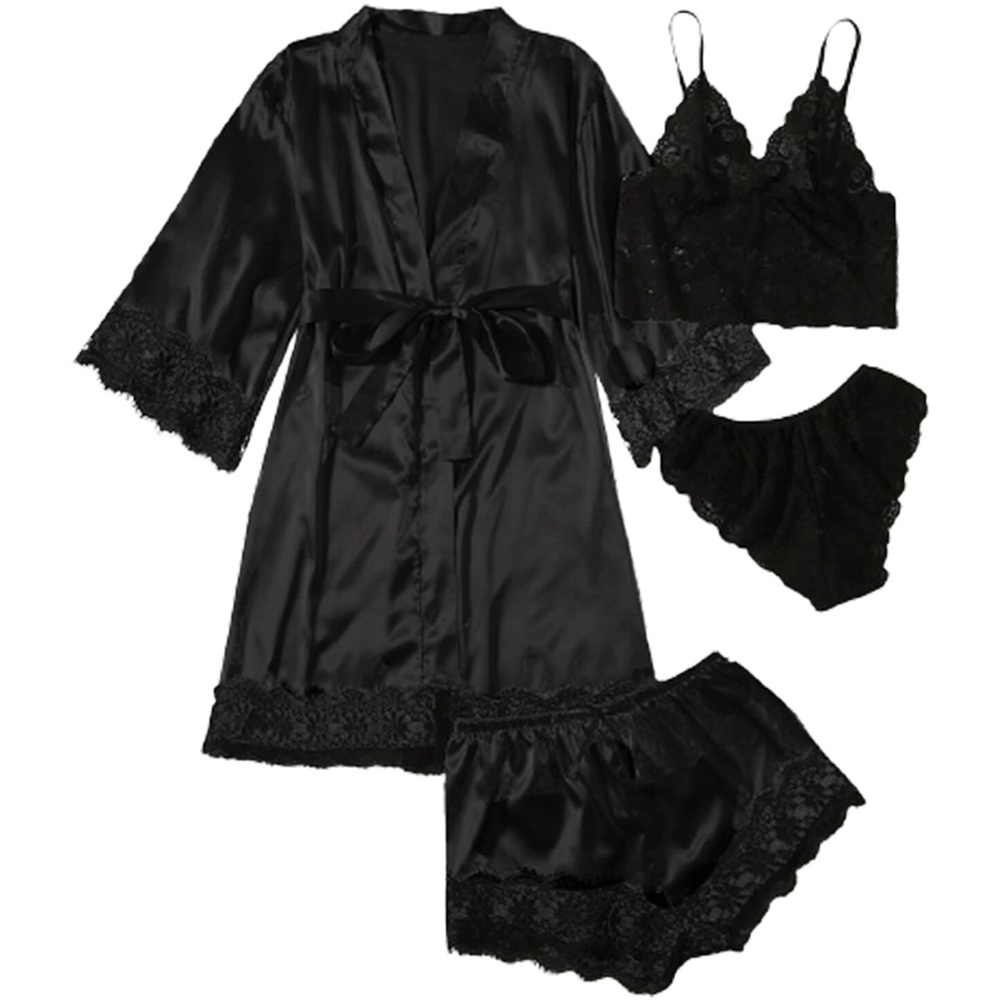 Wdirara Women ' Silk Satin Pajamas Set 4Pcs Lingerie Floral Lace Cami Sleepwear With Robe Black Belted L