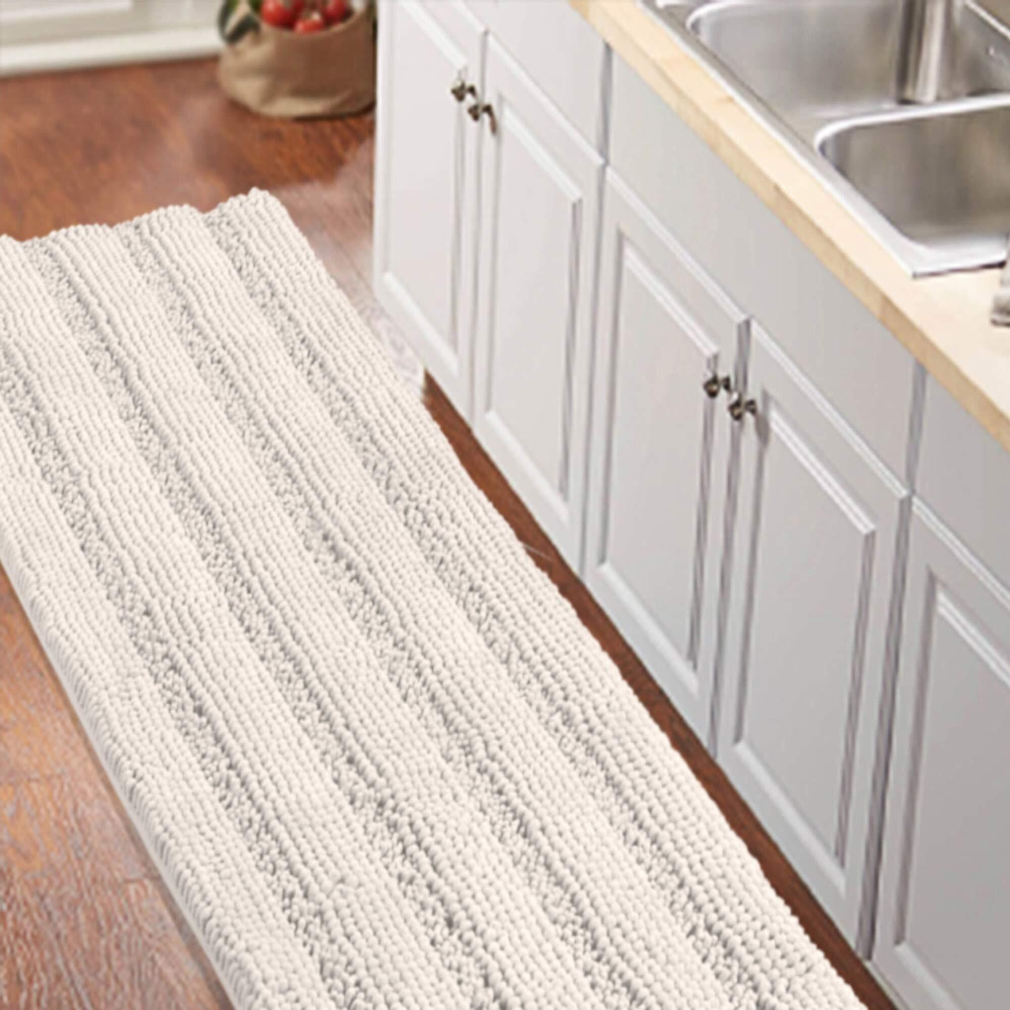 Turquoize Non Slip Shaggy Chenille Microfibers Bathroom Rug Ivory Bathroom Mat Extra Long Bath Rug 59 X 20 Kitchen Rugs And Mats, Super Water Absorbent & Soft Washable Bath Rug For Bathroom, Ivory