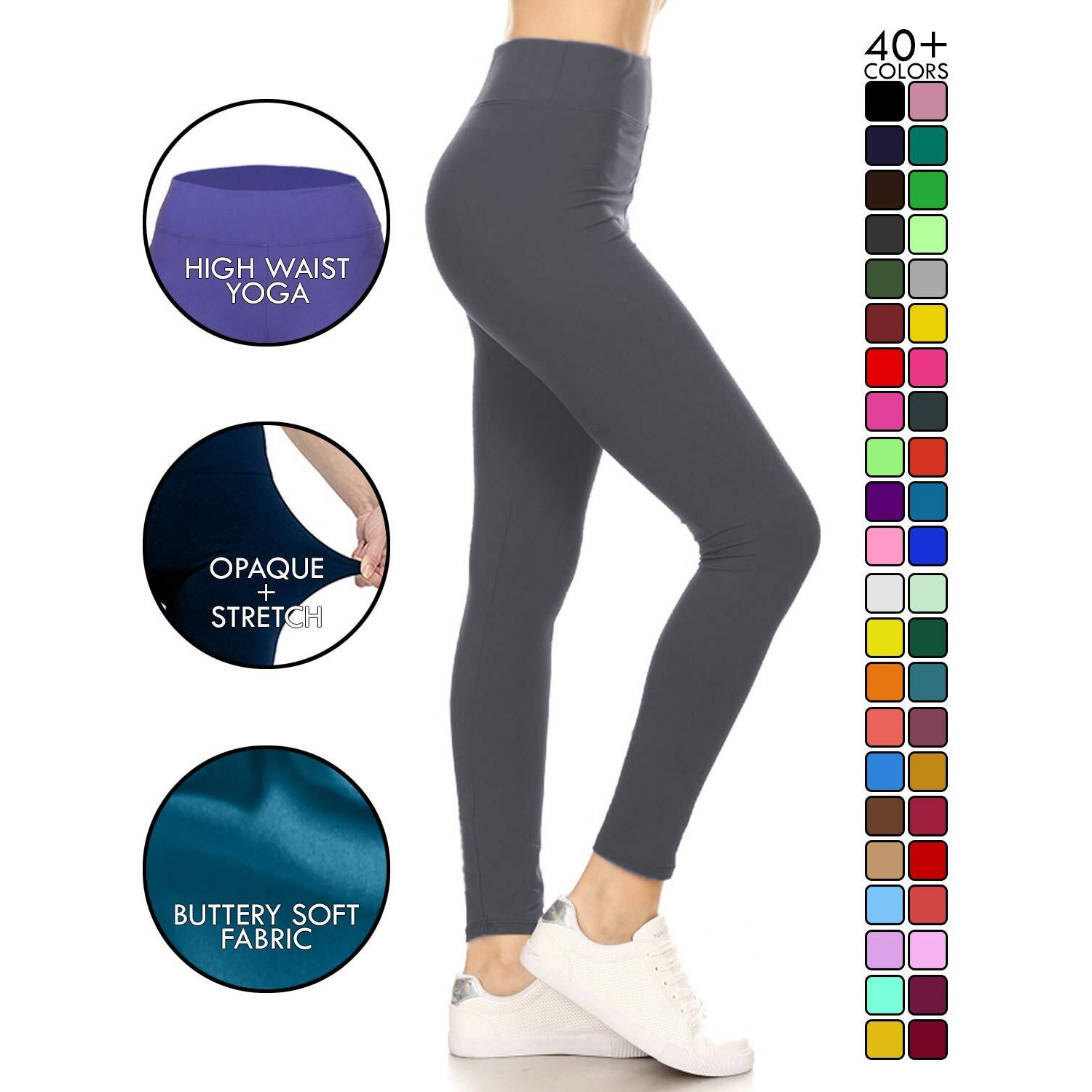 Leggings Depot Women 's 3 "" Waistband Yoga High Waisted Solid Leggings Pants (Full Length, Charcoal Gray, Small)