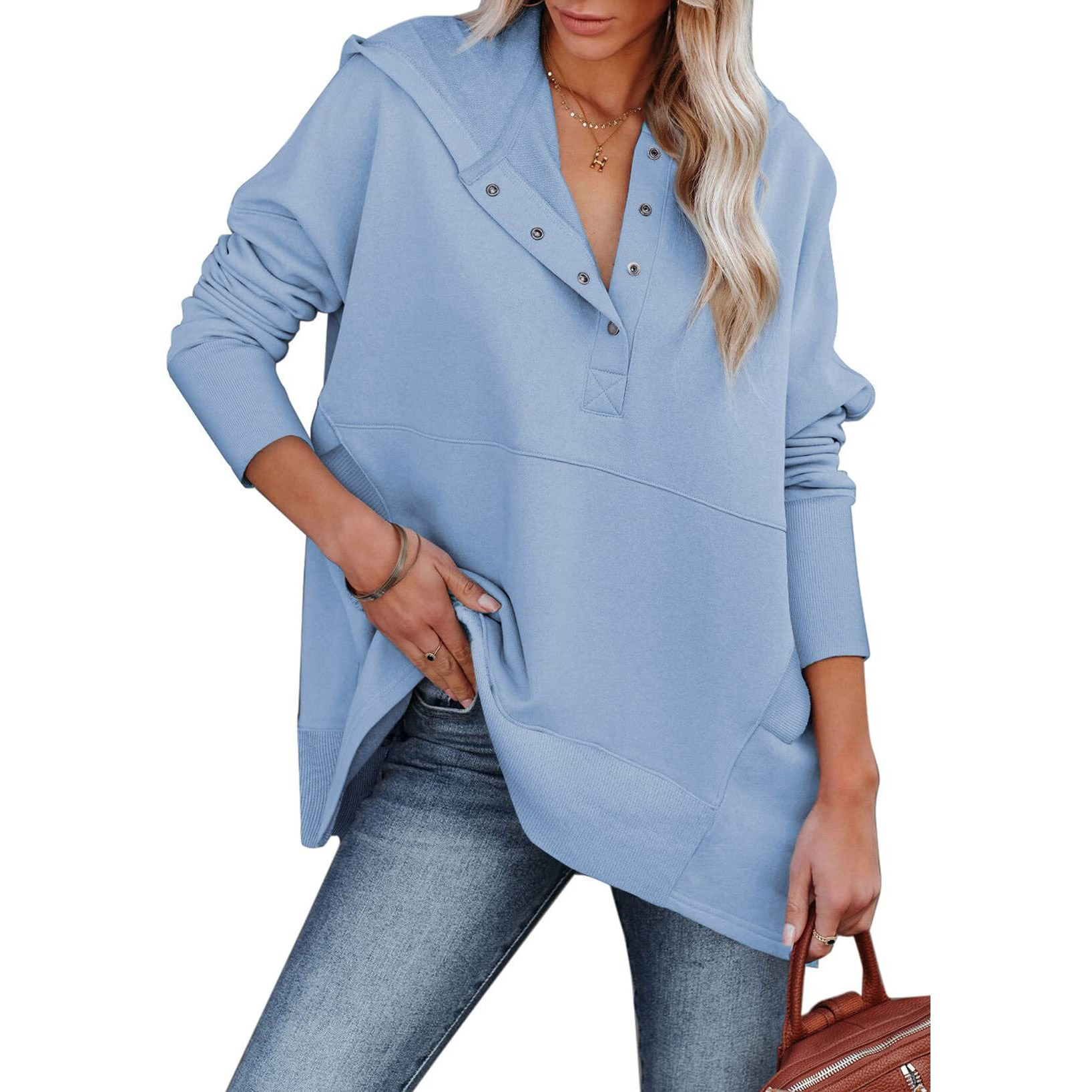 Alvaq Womens Oversize Half Button Long Sleeve Sweatshirt Casual Ribbed Hoddie Pullover Tunic Top With Pocket Light Sky Blue Small