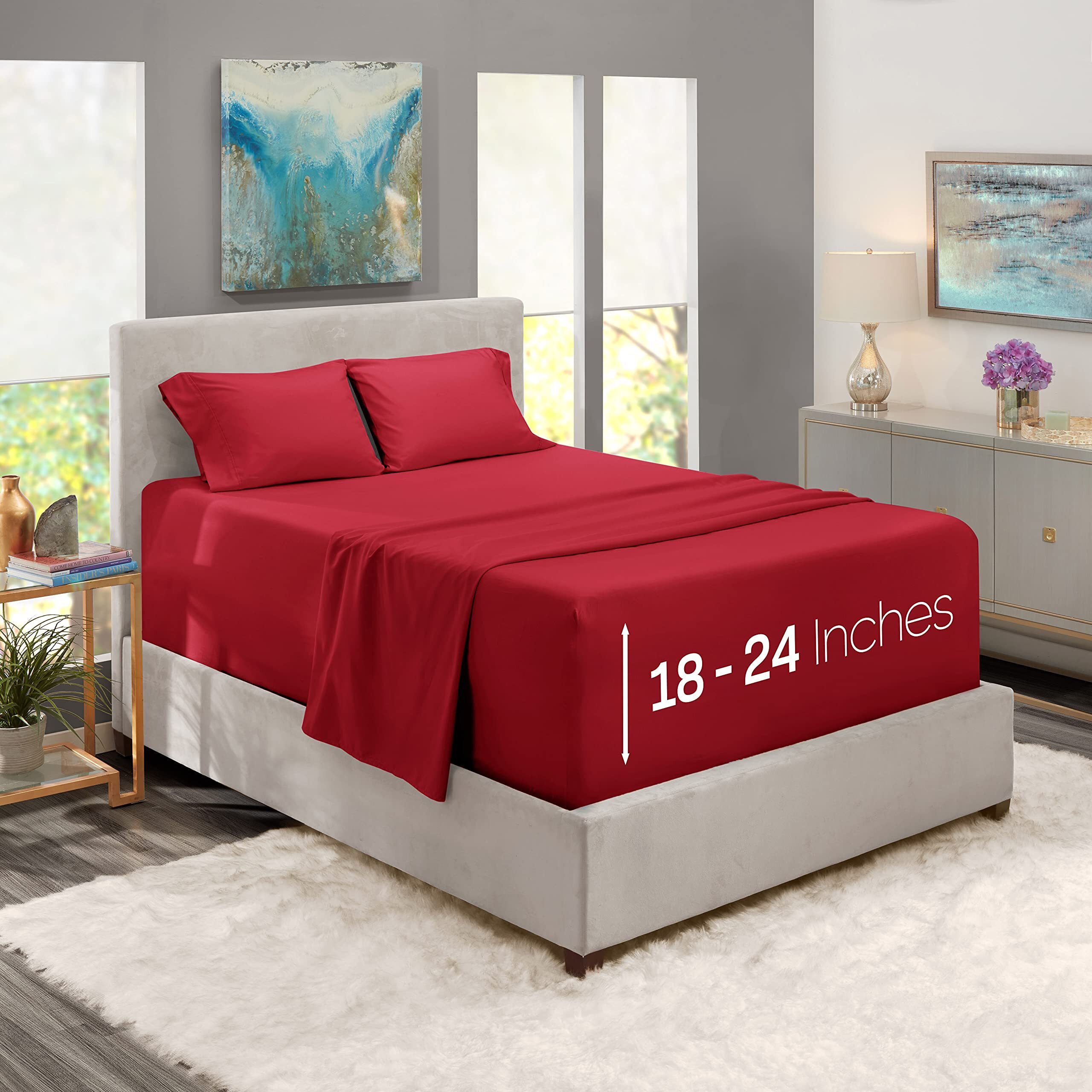 Nestl Extra Deep Pocket Sheets - Fits Mattress 18-24 Inches Deep, Extra Deep Pocket Queen Sheets Sets, 4 Piece Queen Size Sheets, Queen Sheets Deep Pocket, Burgundy Red Sheets Queen