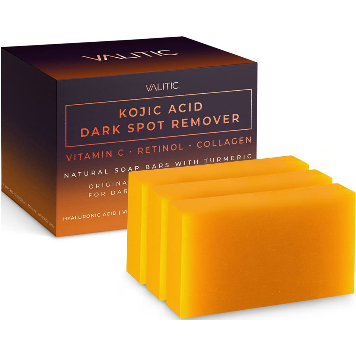 Valitic Kojic Acid Dark Spot Remover Soap Bars With Vitamin C, Retinol, Collagen, Turmeric - Original Japanese Complex Infused With Hyaluronic Acid, Vitamin E, Shea Butter, Castile Olive Oil (3 Pack)