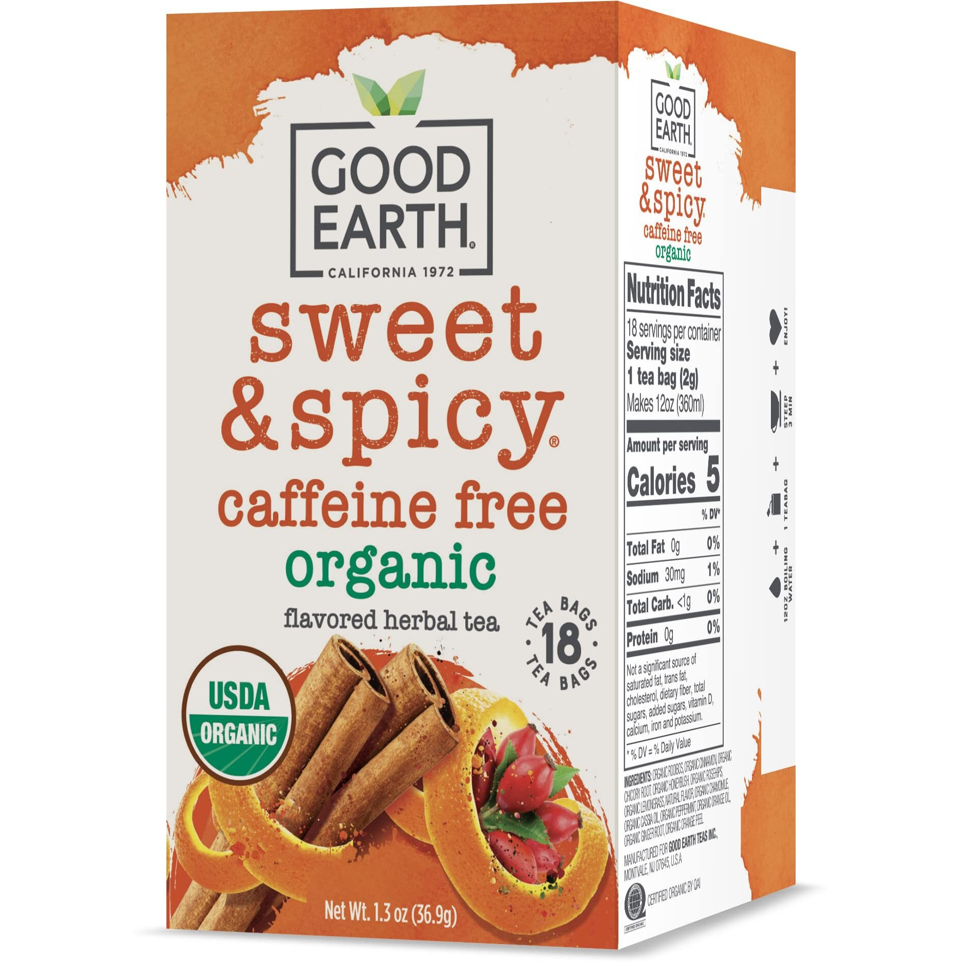 Good Earth Organic Herbal Tea, Sweet & Spicy, Caffeine Free, 18 Count (Pack Of 6)