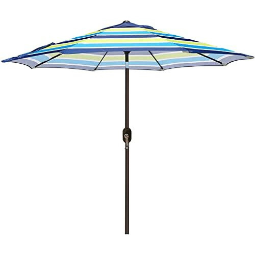 Blissun 9 Outdoor Aluminum Patio Umbrella, Striped Patio Umbrella, Market Striped Umbrella With Push Button Tilt And Crank (Blue And Green)