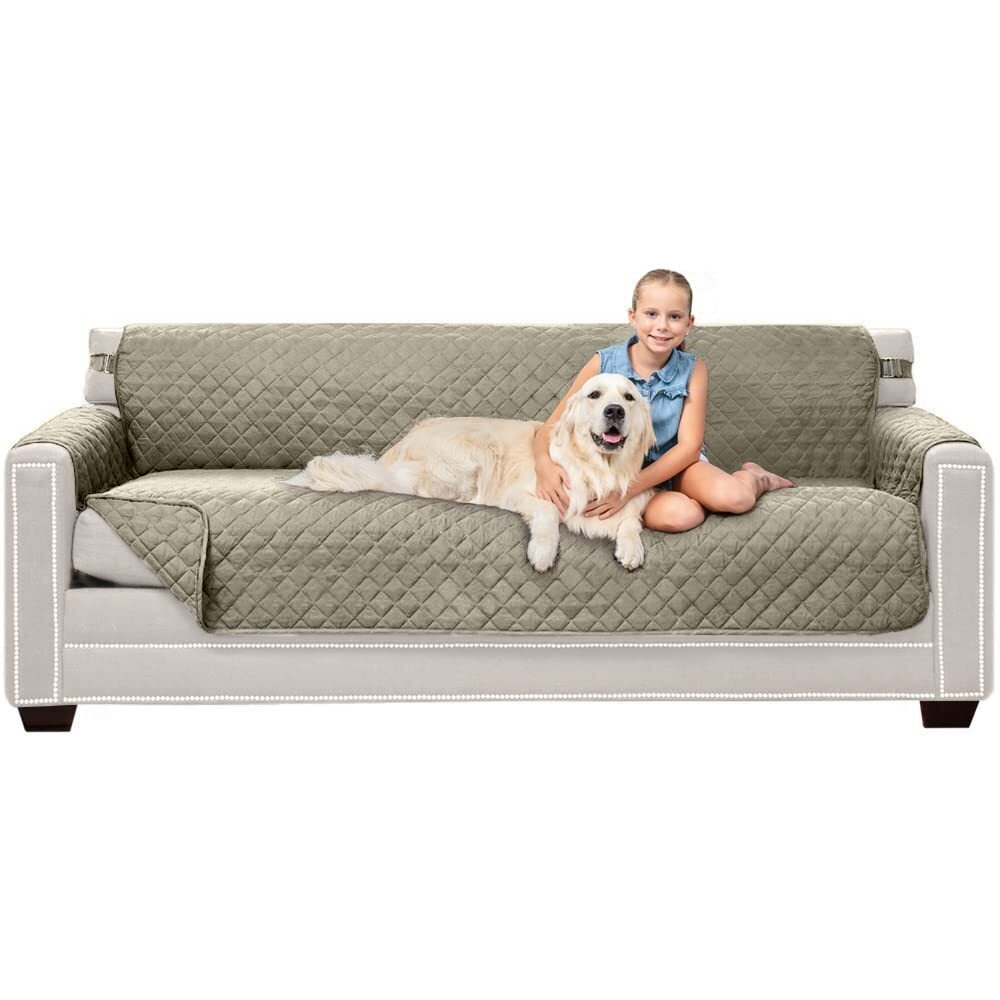 Sofa Shield Patented Couch Slip Cover, Large Cushion Protector, Reversible Stain And Dog Tear Resistant Slipcover, Quilted Microfiber 78    Seat, Washable Covers For Dogs Pets Kids, Light Taupe