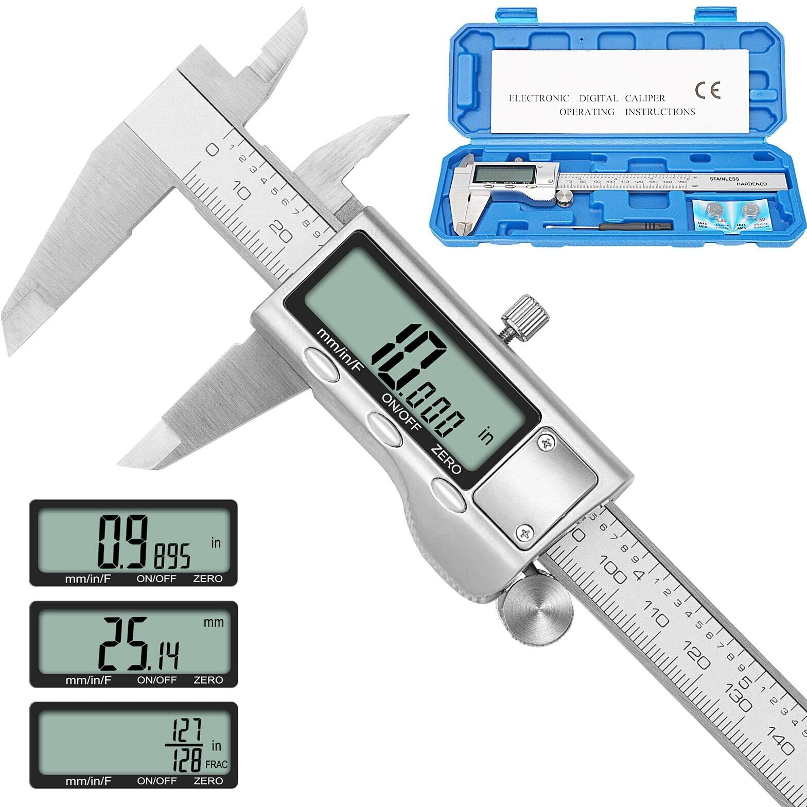 Digital Caliper, Sangabery 6 Inch Stainless Steel Caliper Measuring Tool With Inch/Metric/Fractions Conversion And Large Lcd Display, Perfect For Diy, Household And Professional Use