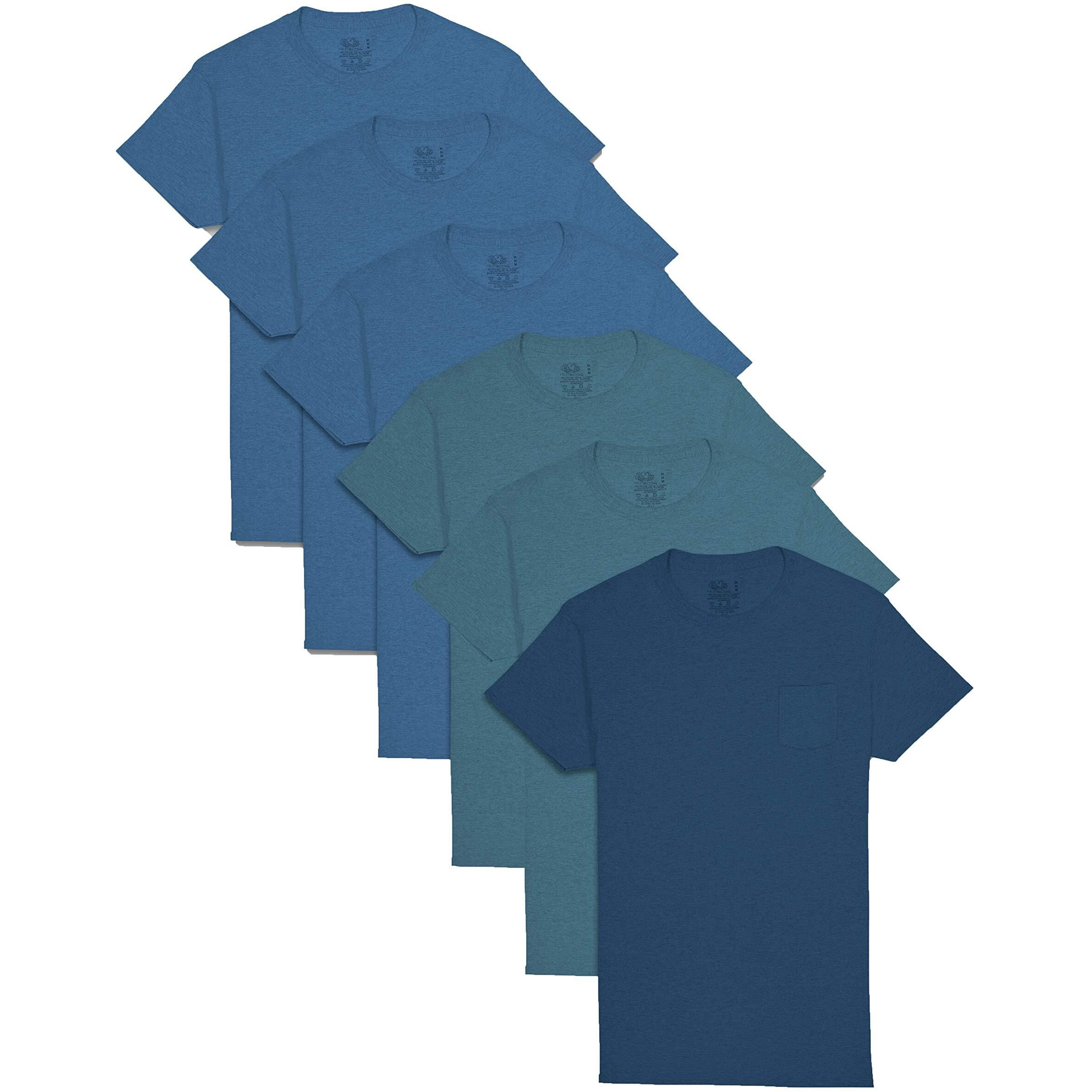 Fruit Of The Loom Men's Eversoft Cotton Short Sleeve Pocket T Shirts & Undershirts, Breathable & Tag Free, Undershirt-6 Pack-Assorted Blues, Small
