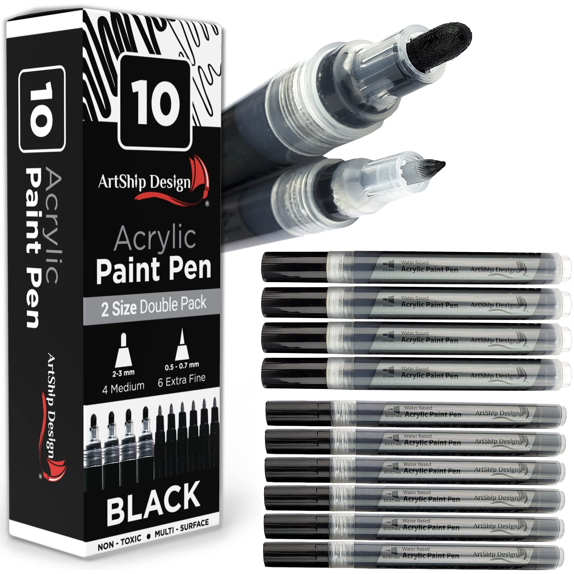 Artship Design 10 Black Acrylic Paint Pens, Double Pack Of Both Extra Fine And Medium Tip Paint Markers, For Rock Painting, Mug, Ceramic, Glass, And Fabric Painting, Water Based Non-Toxic And No Odor