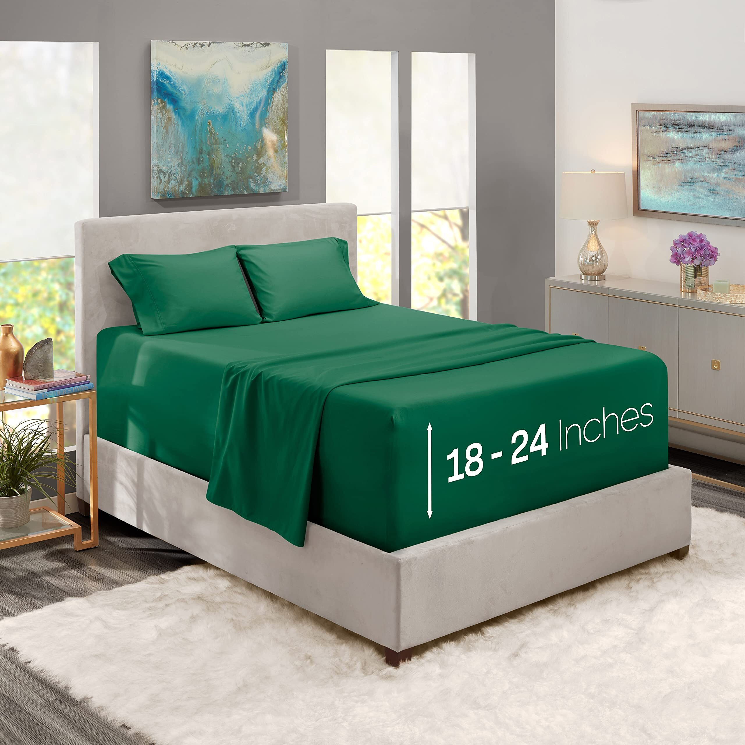 Nestl Extra Deep Pocket Sheets - Fits Mattress 18-24 Inches Deep, Extra Deep Pocket California King Size Sheets, 4 Piece Cal King Sheets, Cal King Sheets Deep Pocket, Hunter Green