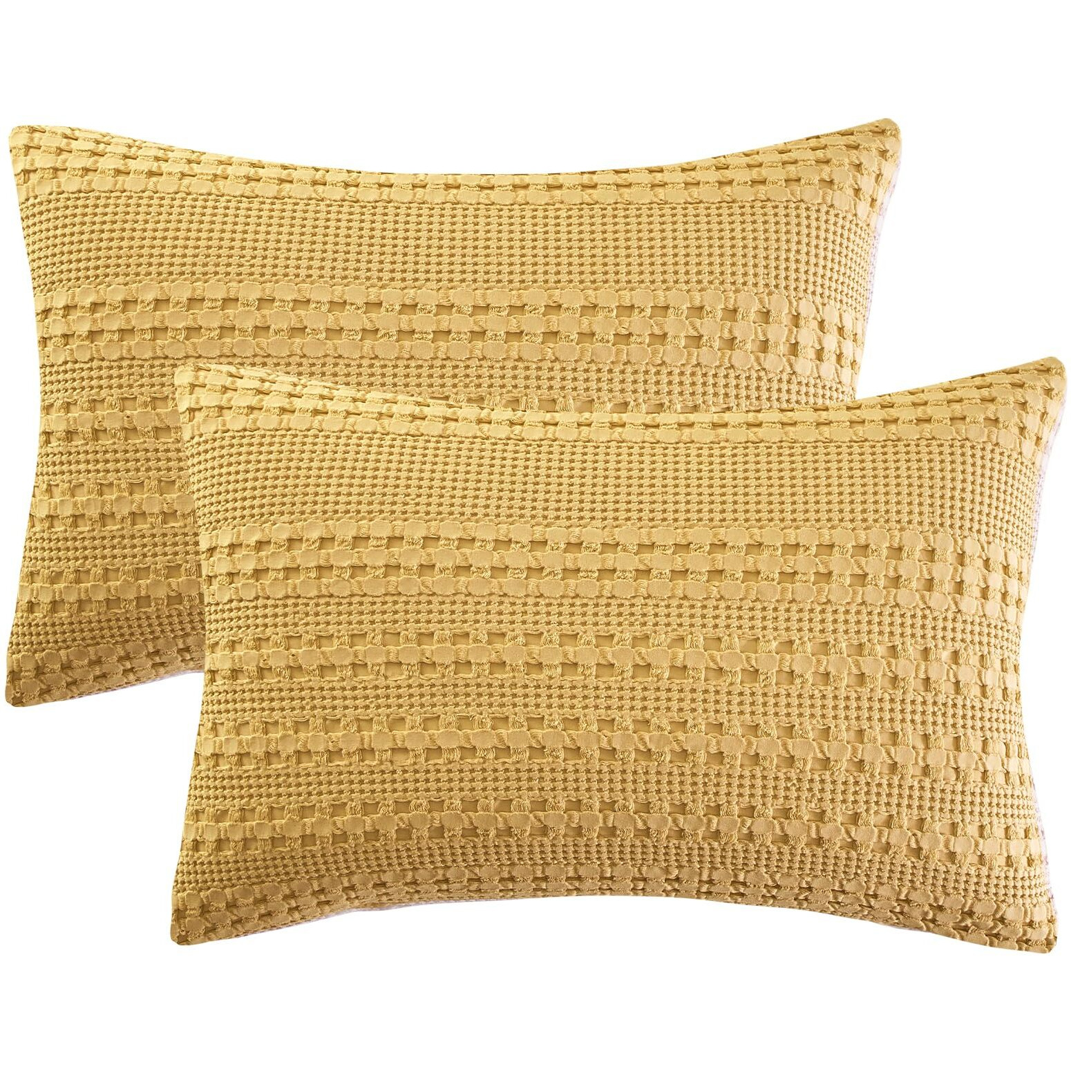 Phf 100% Cotton Waffle Pillow Shams Standard Size, 2 Pack 20 "" X 26 "" Soft Skin-Friendly Pillowcases, No Filling, Aesthetic Woven And Breathable Waffle Weave Pillow Case Covers For Bed, Ginger Yellow