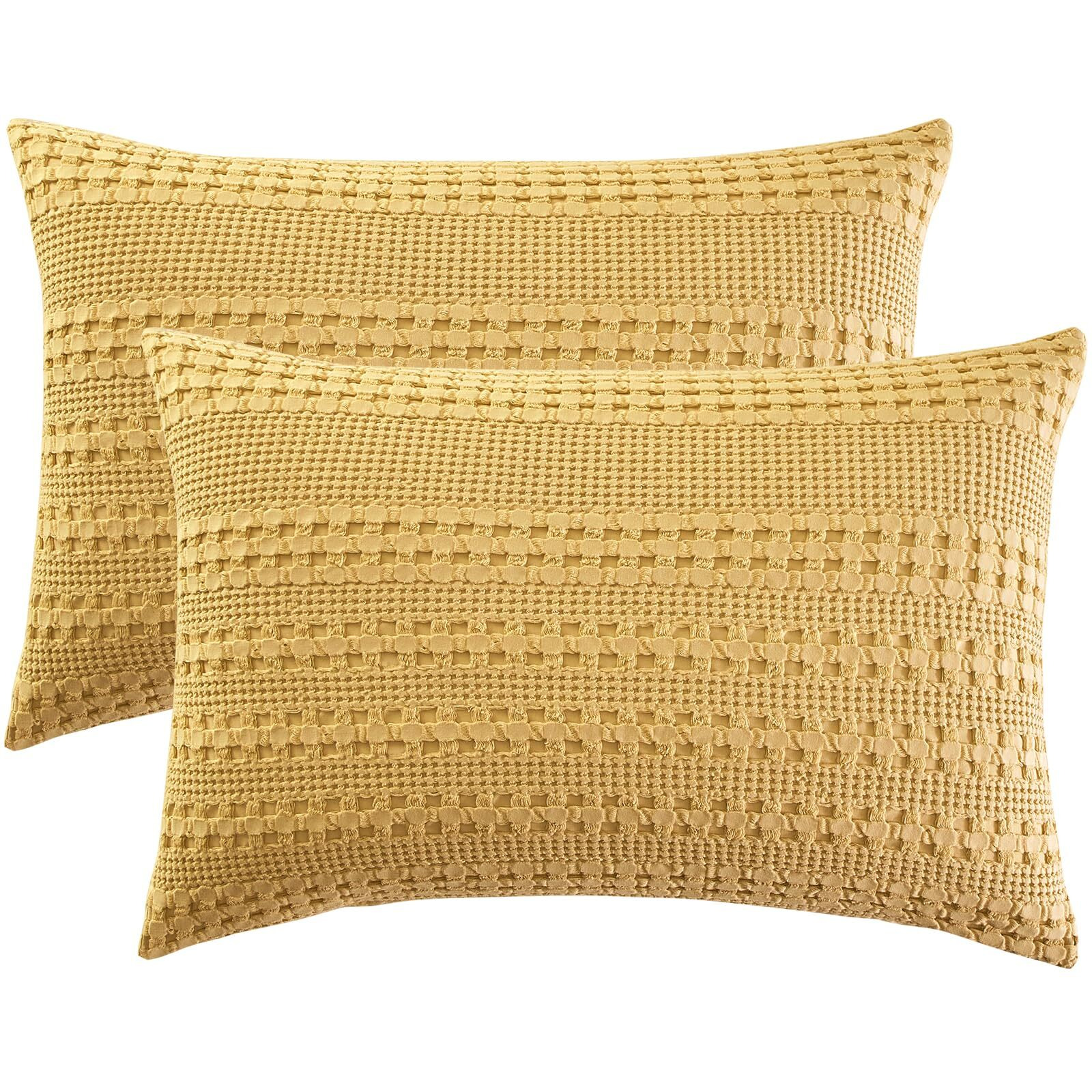 Phf 100% Cotton Waffle Pillow Shams Queen Size, 2 Pack 20 "" X 30 "" Soft Skin-Friendly Pillowcases, No Filling, Aesthetic Woven And Breathable Waffle Weave Pillow Case Covers For Bed, Ginger Yellow