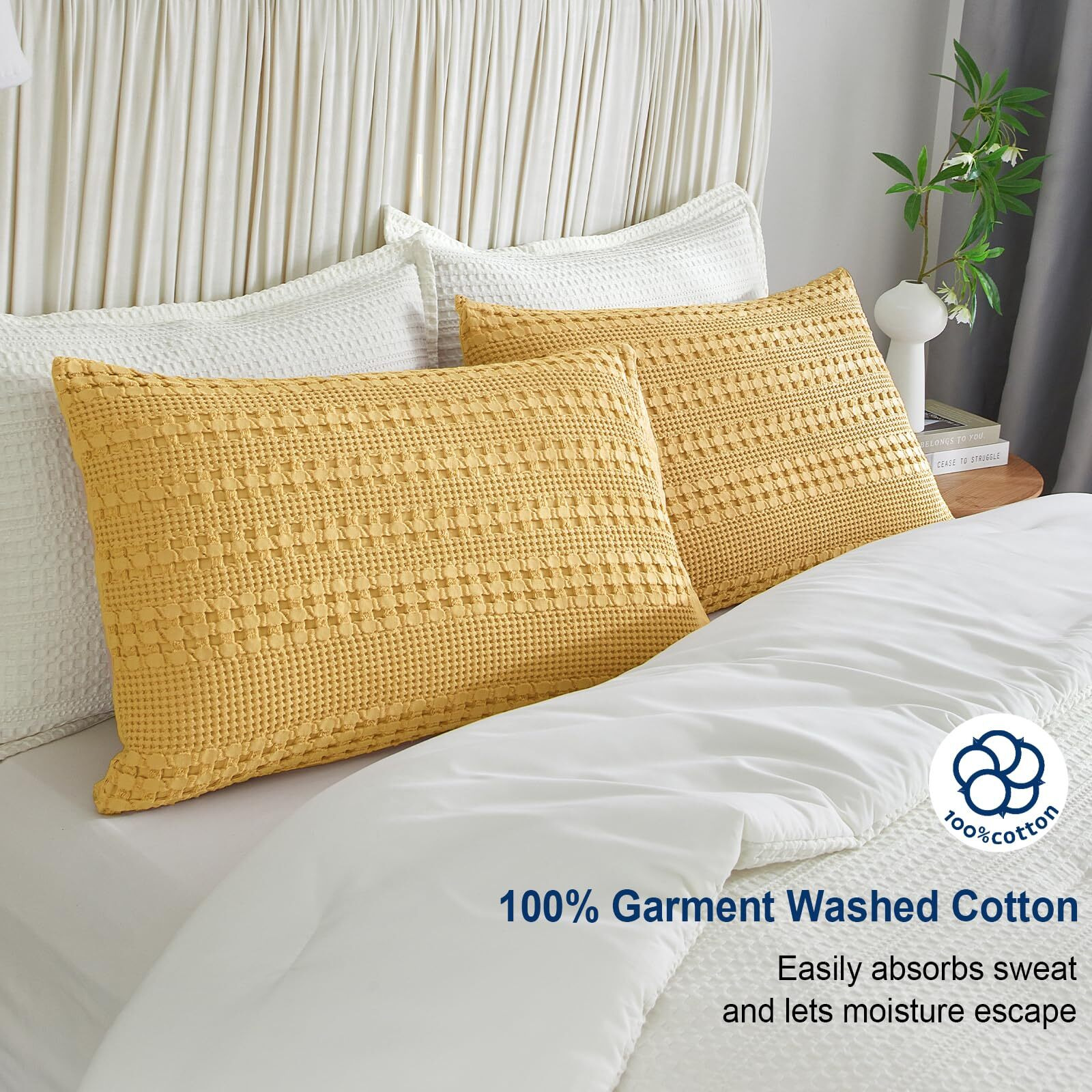 Phf 100% Cotton Waffle Pillow Shams Queen Size, 2 Pack 20 "" X 30 "" Soft Skin-Friendly Pillowcases, No Filling, Aesthetic Woven And Breathable Waffle Weave Pillow Case Covers For Bed, Ginger Yellow