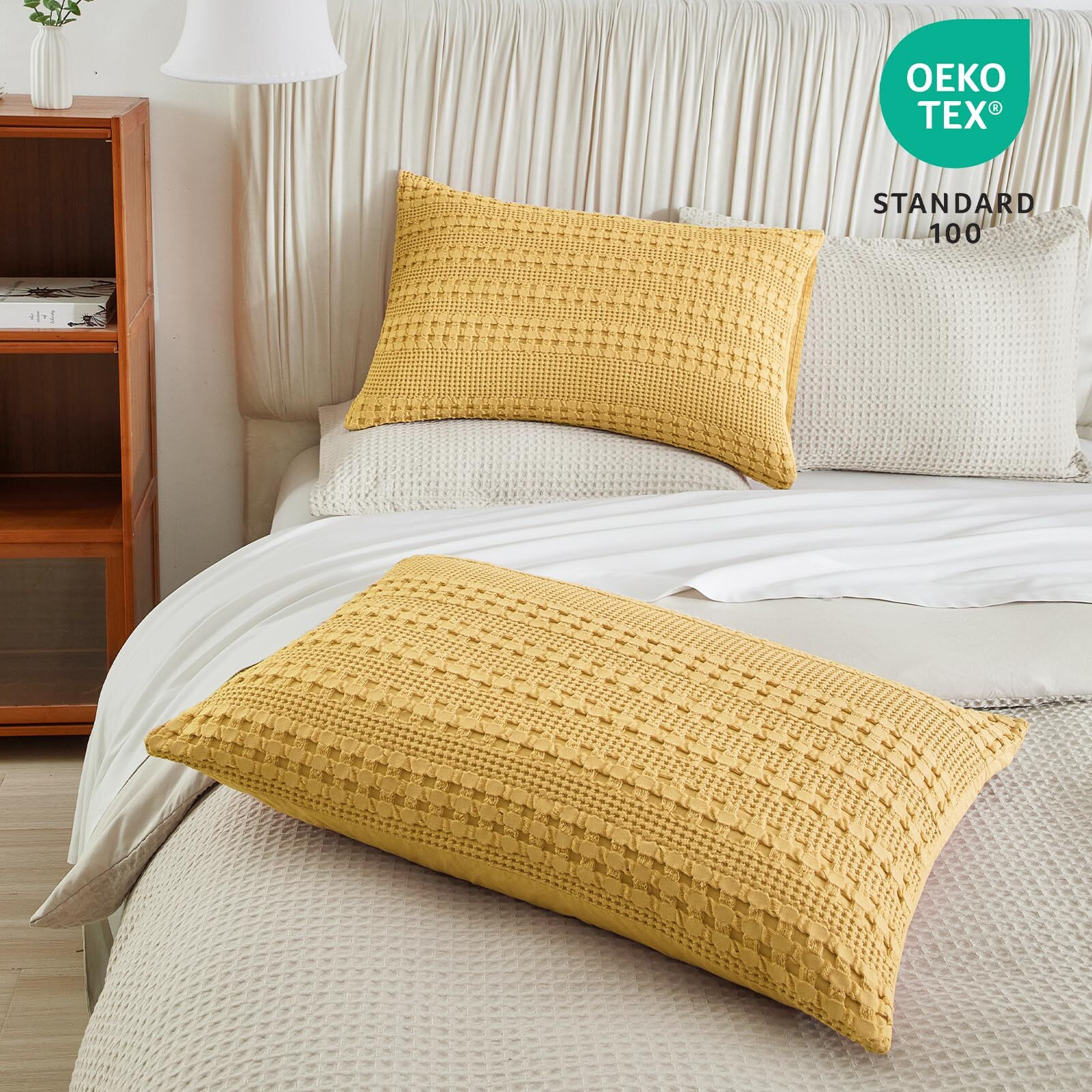 Phf 100% Cotton Waffle Pillow Shams Queen Size, 2 Pack 20 "" X 30 "" Soft Skin-Friendly Pillowcases, No Filling, Aesthetic Woven And Breathable Waffle Weave Pillow Case Covers For Bed, Ginger Yellow