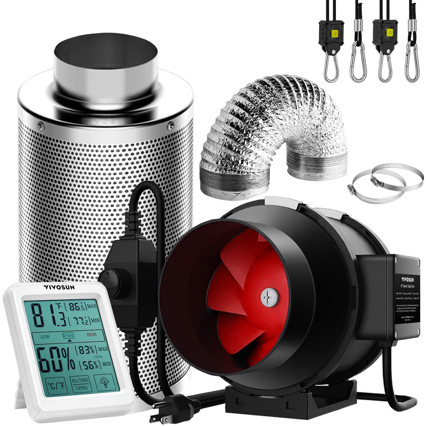 Vivosun 6 Inch 390 Cfm Inline Fan With Speed Controller, 6 Inch Carbon Filter And 8 Feet Of Ducting, Temperature Humidity Monitor For Grow Tent Ventilation