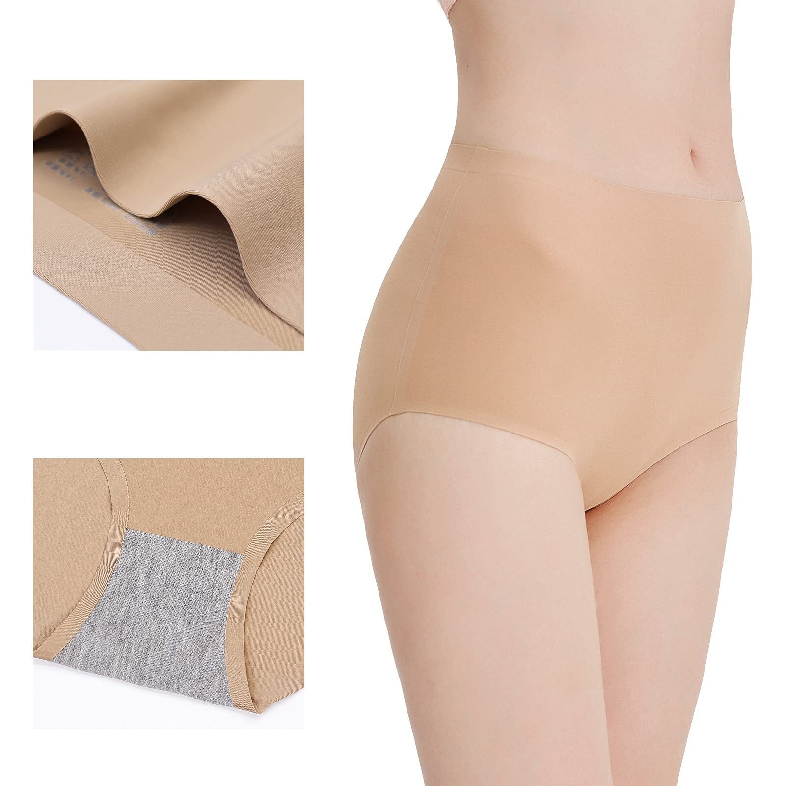 Fallsweet No Show High Waist Briefs Underwear For Women Seamless Panties Multi Pack (Khaki (4-Pack), X_L)
