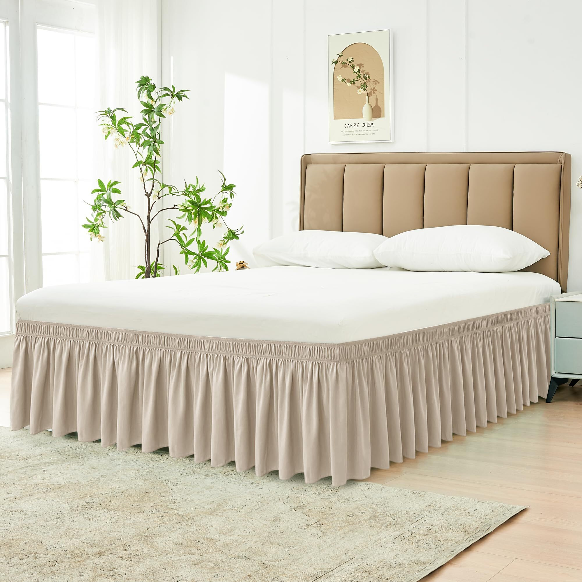 Biscaynebay Wrap Around Bed Skirts For Queen Beds 16 "" Drop, Light Camel Adjustable Elastic Dust Ruffles Easy Fit Wrinkle & Fade Resistant Silky Luxurious Fabric Solid Machine Washable
