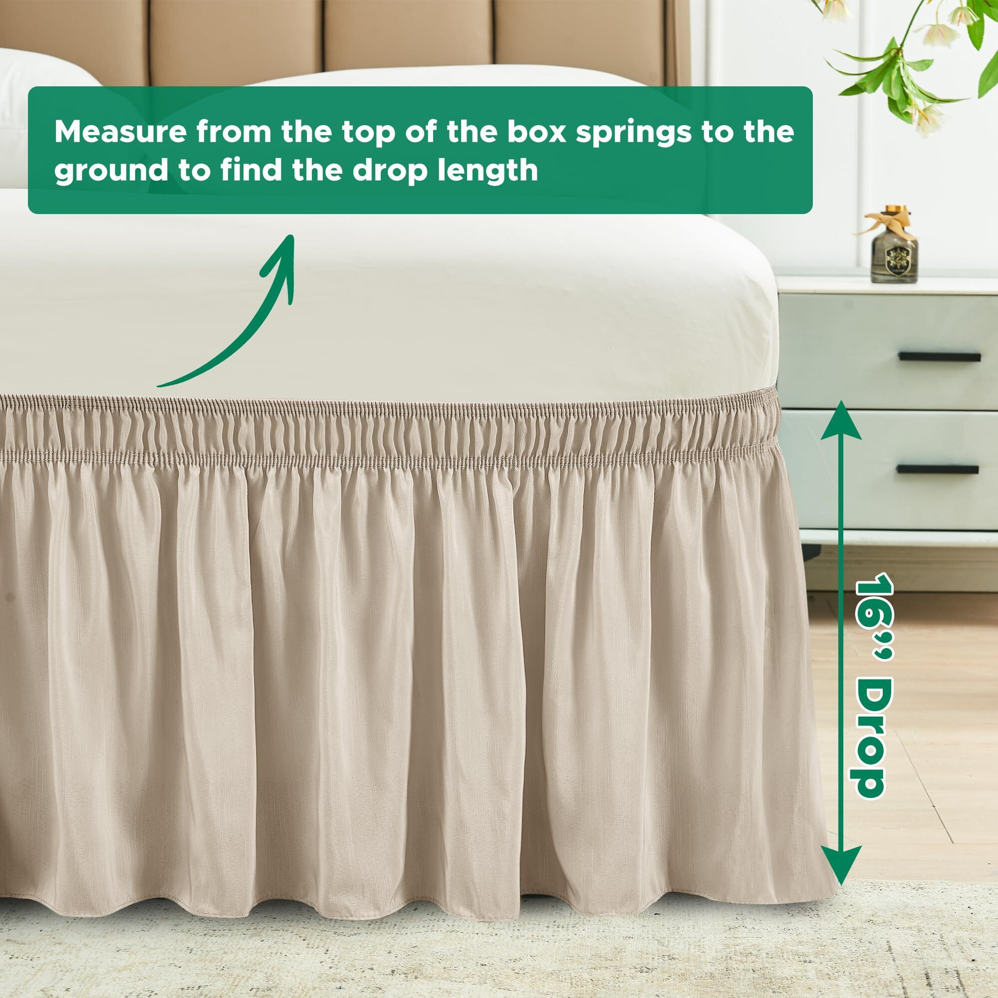Biscaynebay Wrap Around Bed Skirts For Queen Beds 16 "" Drop, Light Camel Adjustable Elastic Dust Ruffles Easy Fit Wrinkle & Fade Resistant Silky Luxurious Fabric Solid Machine Washable