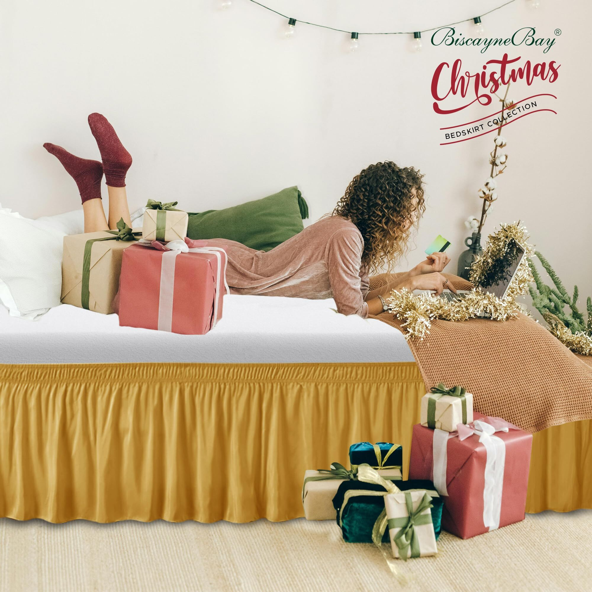 Biscaynebay Wrap Around Bed Skirts For Queen Beds 14 "" Drop, Christmas Gold Adjustable Elastic Dust Ruffles Easy Fit Wrinkle Resistant Silky Luxurious Fabric Machine Washable