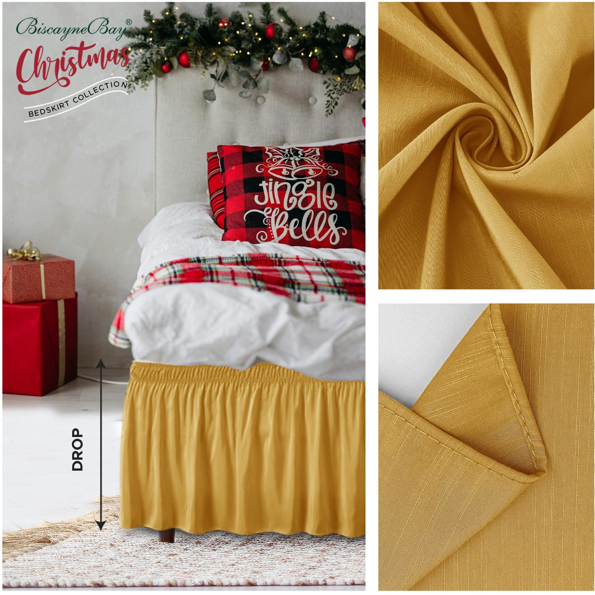 Biscaynebay Wrap Around Bed Skirts For Queen Beds 14 "" Drop, Christmas Gold Adjustable Elastic Dust Ruffles Easy Fit Wrinkle Resistant Silky Luxurious Fabric Machine Washable