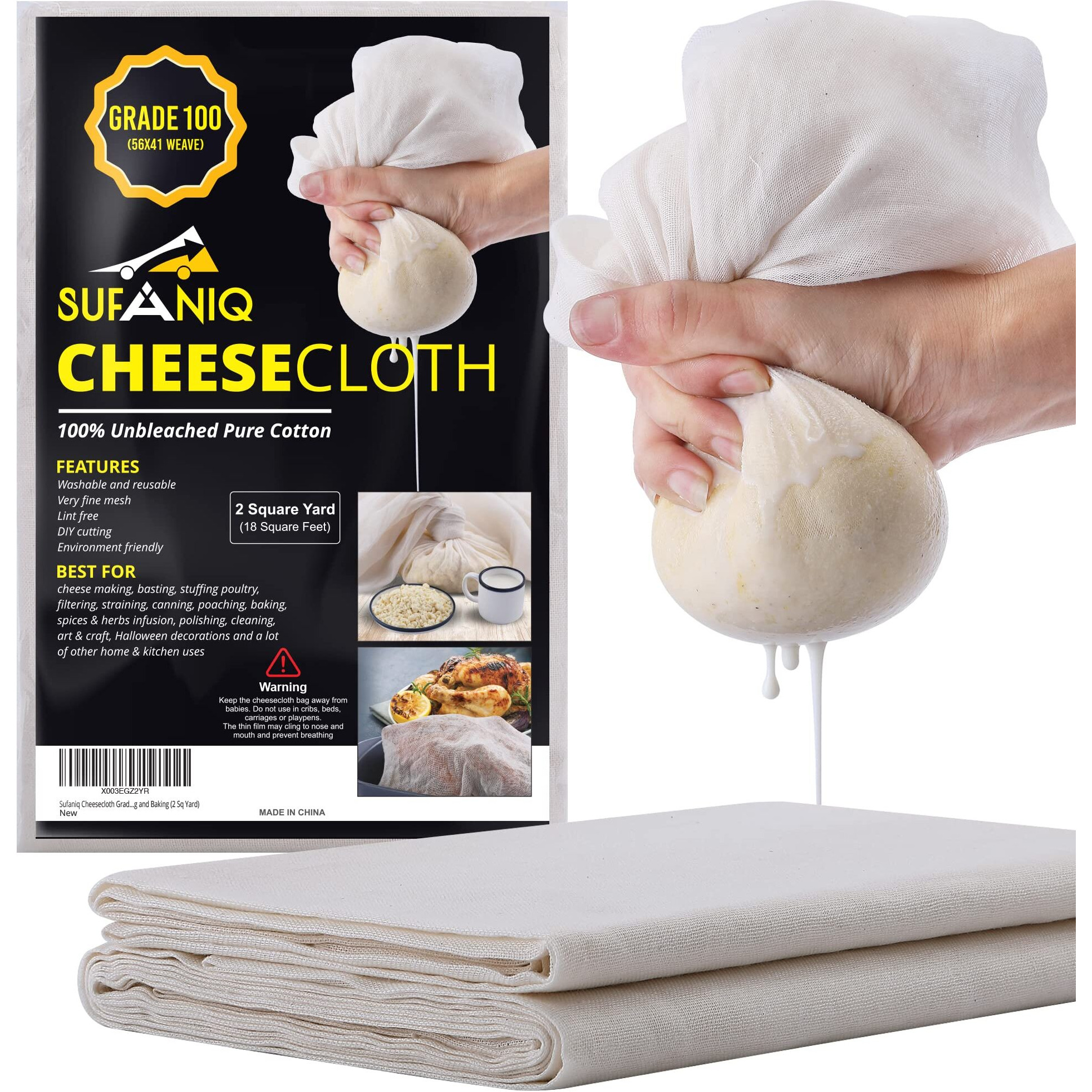 Sufaniq Cheesecloth, Grade 100 (18 Sq Feet), 100% Pure Cotton Reusable Cheese Cloths For Straining, Unbleached Ultra Fine Cheese Cloth Fabric, Premium Butter Muslin Cloth For Straining - (2 Sq Yard)