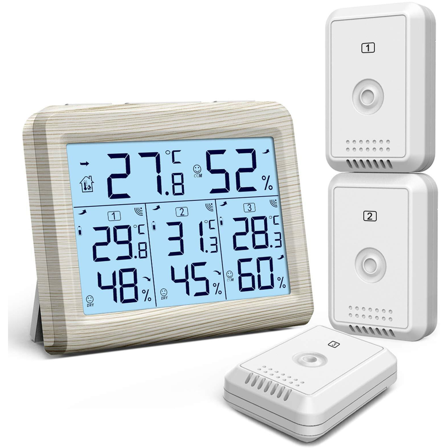 Oria Digital Hygrometer Thermometer, Indoor Outdoor Thermometer, Temperature Humidity Monitor Meter With With 3 Wireless Sensors, Lcd Back-Light For Home, Office, Bedroom, Cream