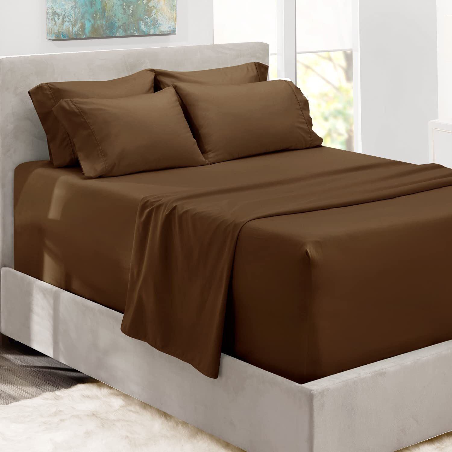 Hearth & Harbor Extra Deep Pocket Sheets - Fits Mattress 18-24 Inches Deep - Extra Deep Pocket Queen Sheets Sets - 6 Piece Queen Size Sheets - Queen Sheets Deep Pocket - Brown Sheets