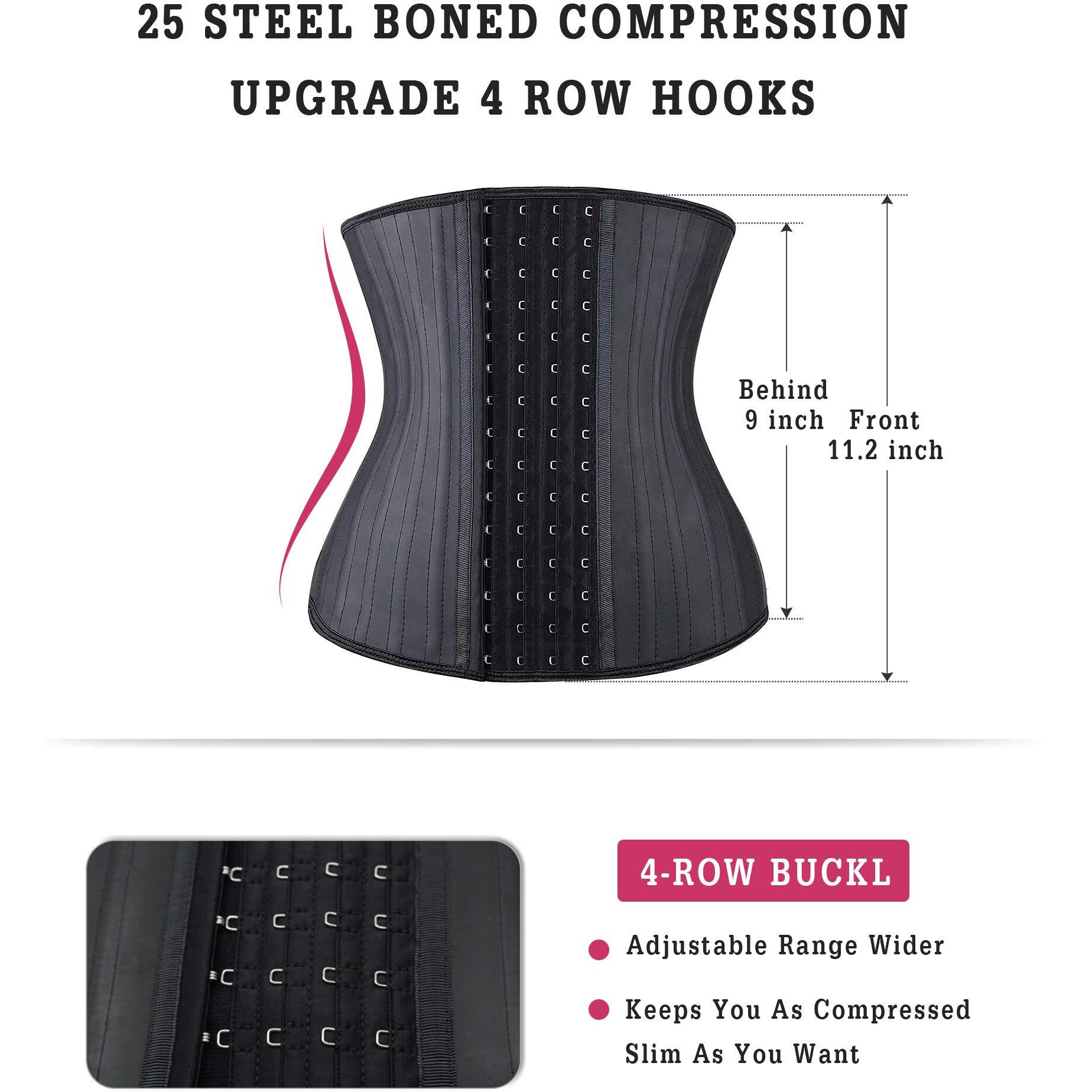 Yianna Waist Trainer For Women Latex Underbust Waist Corsets Cincher Hourglass Body Shaper 4 Hooks, (Size Xl, Black)