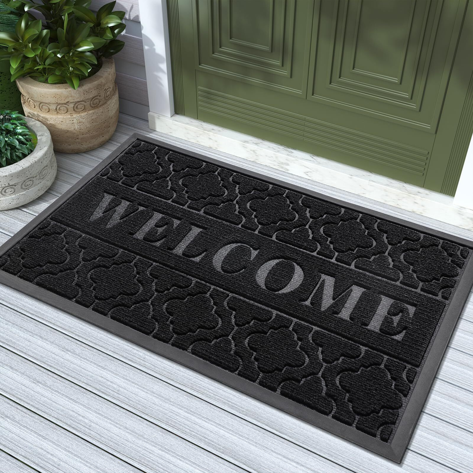 Yimobra Welcome Mat Outdoor Indoor, 36X24 All-Season Waterproof Front Door Mat, All-Weather Heavy Duty Doormat, Low Profile Porch Patio Entrance Mat, Non Slip Outside Mat, Black