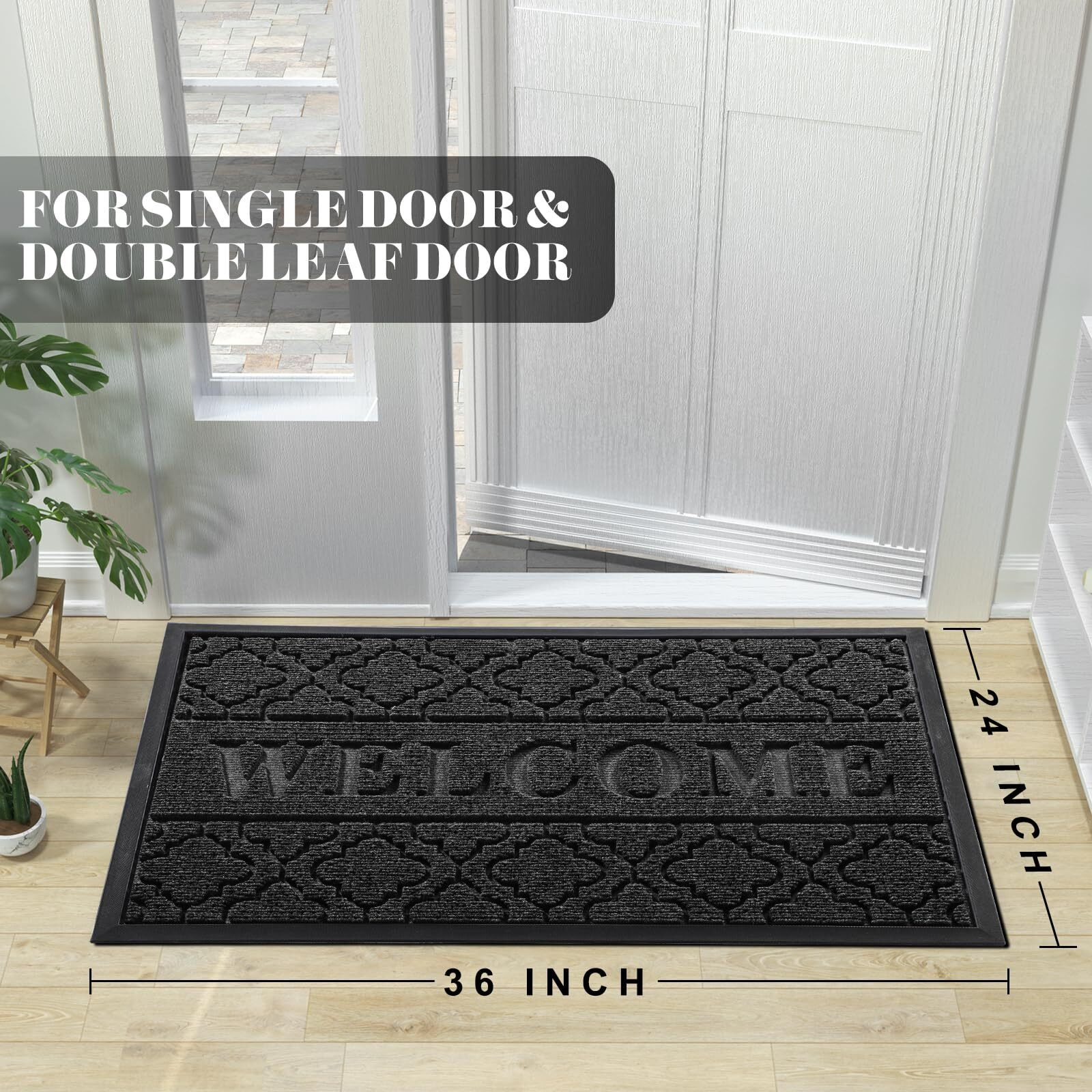 Yimobra Welcome Mat Outdoor Indoor, 36X24 All-Season Waterproof Front Door Mat, All-Weather Heavy Duty Doormat, Low Profile Porch Patio Entrance Mat, Non Slip Outside Mat, Black