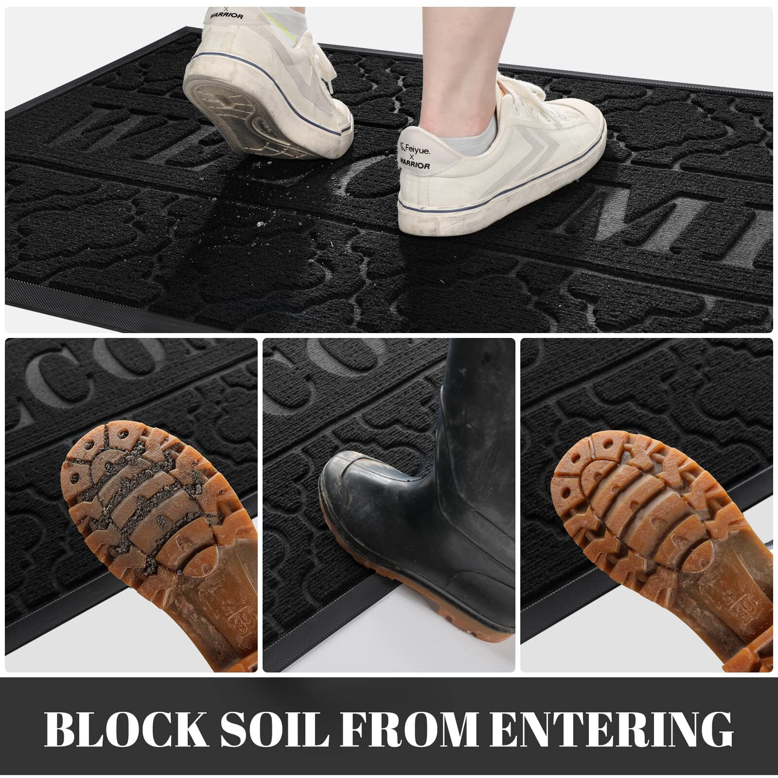 Yimobra Welcome Mat Outdoor Indoor, 36X24 All-Season Waterproof Front Door Mat, All-Weather Heavy Duty Doormat, Low Profile Porch Patio Entrance Mat, Non Slip Outside Mat, Black