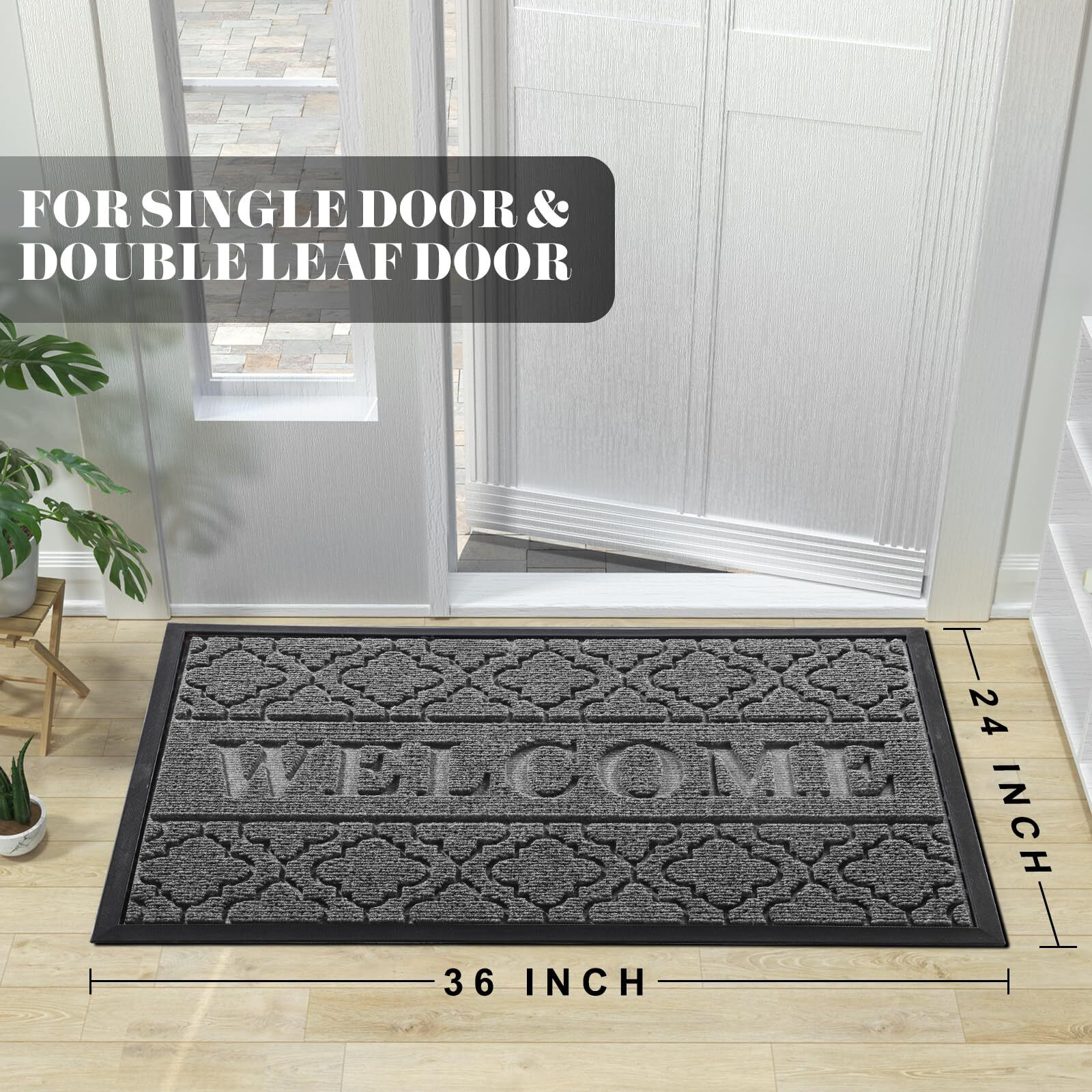 Yimobra Welcome Mat Outdoor Indoor, 36X24 All-Season Waterproof Front Door Mat, All-Weather Heavy Duty Doormat, Low Profile Porch Patio Entrance Mat, Non Slip Outside Mat, Dark Grey