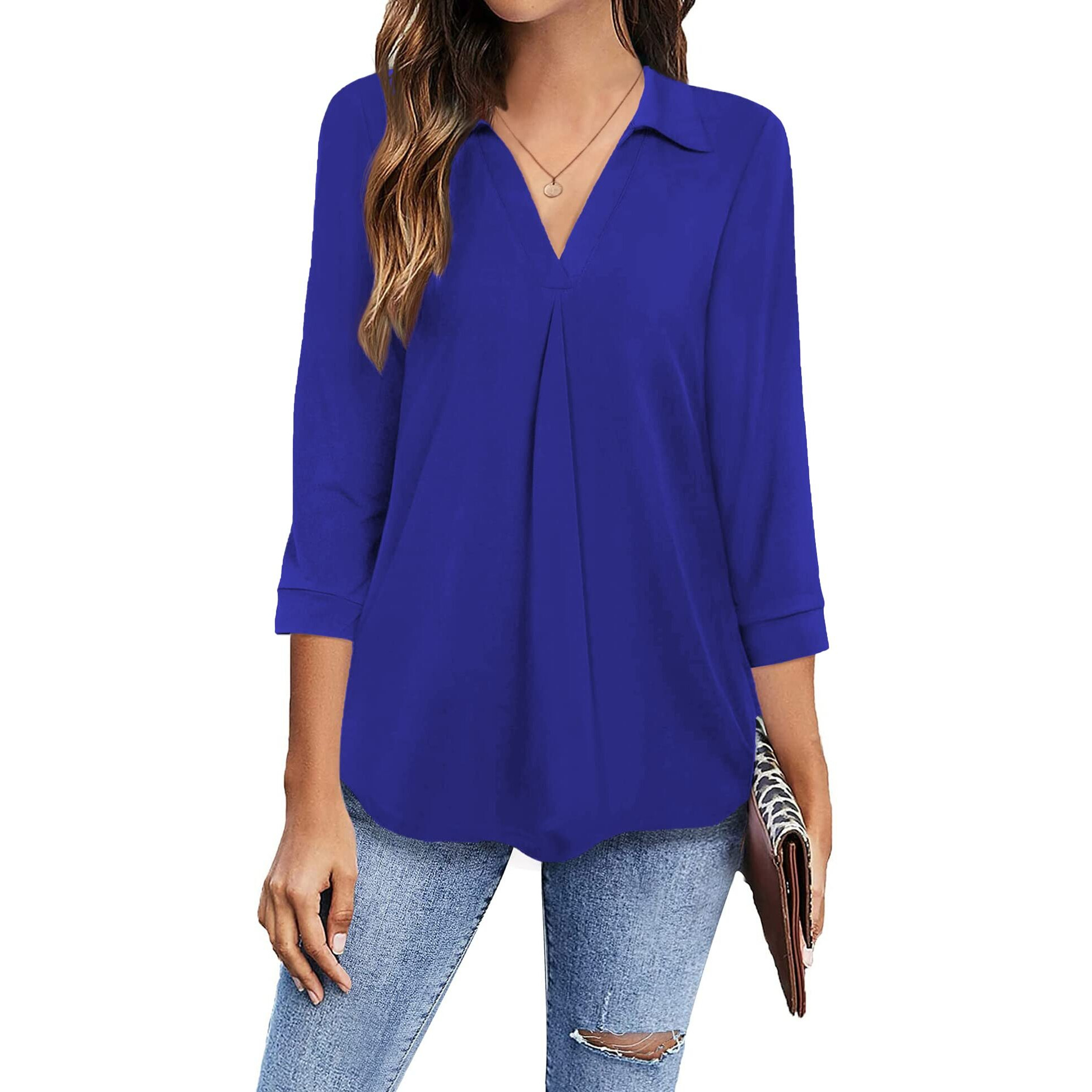 Newchoice Women 's 3/4 Sleeve Work Shirts Collared V Neck Pleated Business Casual Tops Loose Fitting Tunic Blouse (Royal Blue, M)