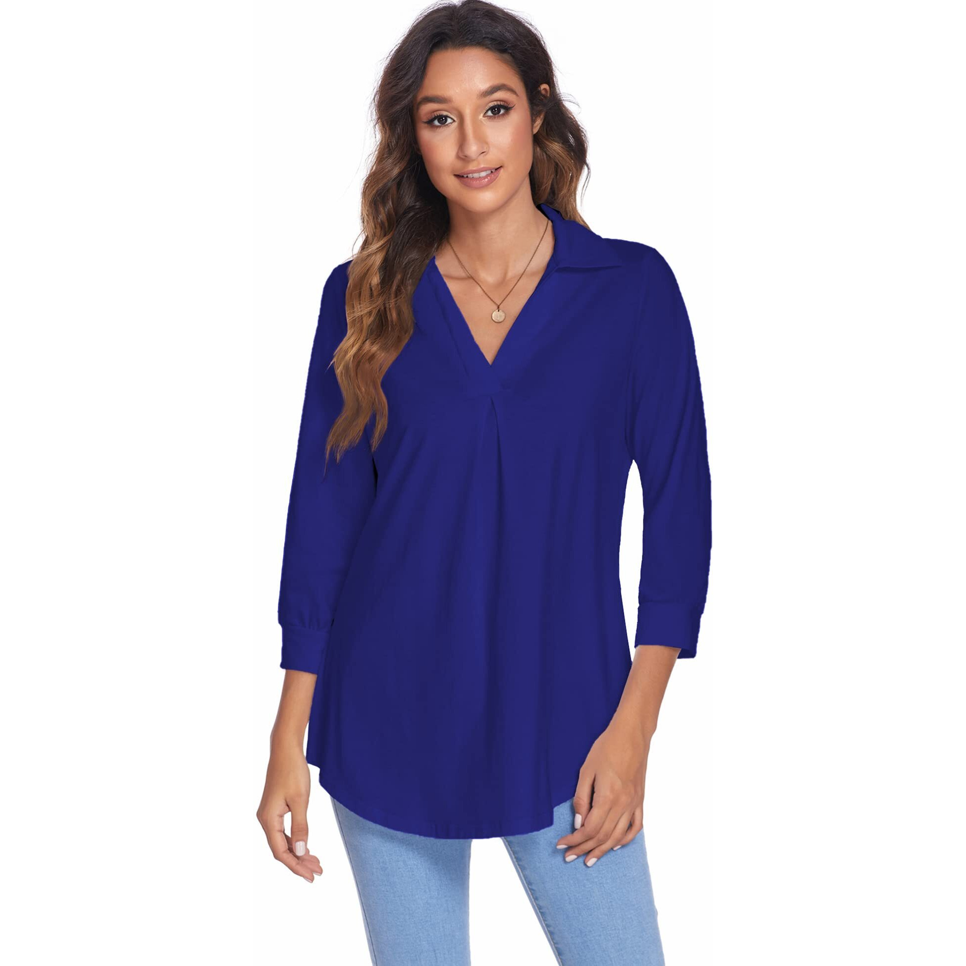 Newchoice Women 's 3/4 Sleeve Work Shirts Collared V Neck Pleated Business Casual Tops Loose Fitting Tunic Blouse (Royal Blue, M)
