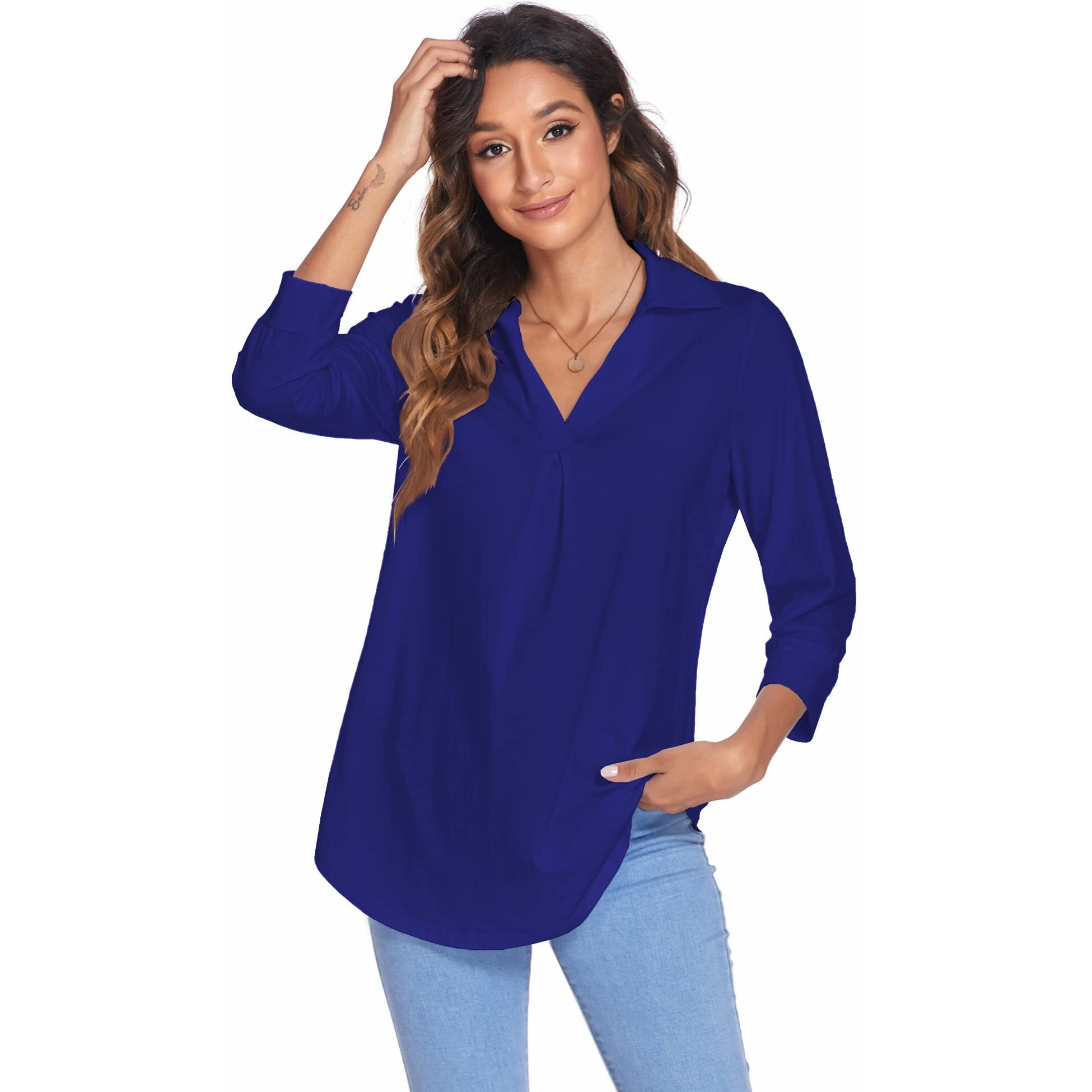 Newchoice Women 's 3/4 Sleeve Work Shirts Collared V Neck Pleated Business Casual Tops Loose Fitting Tunic Blouse (Royal Blue, M)