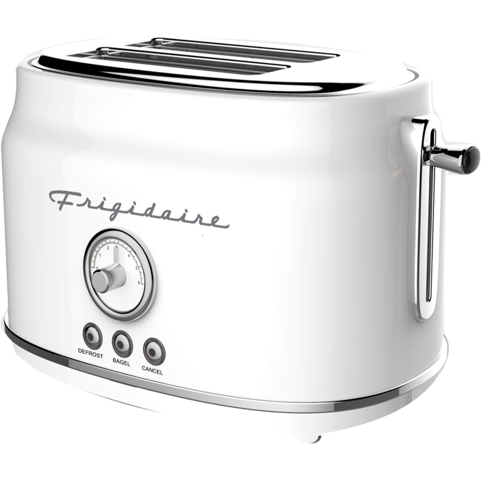 Frigidaire Eto102-White, 2 Slice Toaster, Retro Style, Wide Slot For Bread, English Muffins, Croissants, And Bagels, 5 Adjustable Toast Settings, Cancel And Defrost, 900W, White