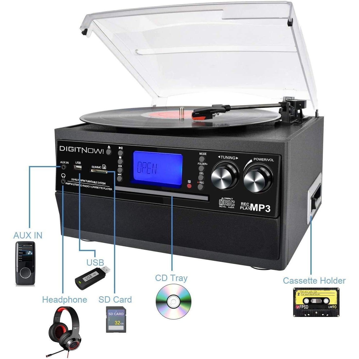 Digitnow Bluetooth Record Player Turntable With Stereo Speaker, Lp Vinyl To Mp3 Converter With Cd, Cassette, Radio, Aux In And Usb/Sd Encoding, Remote Control, Audio Music Player Built In Amplifier