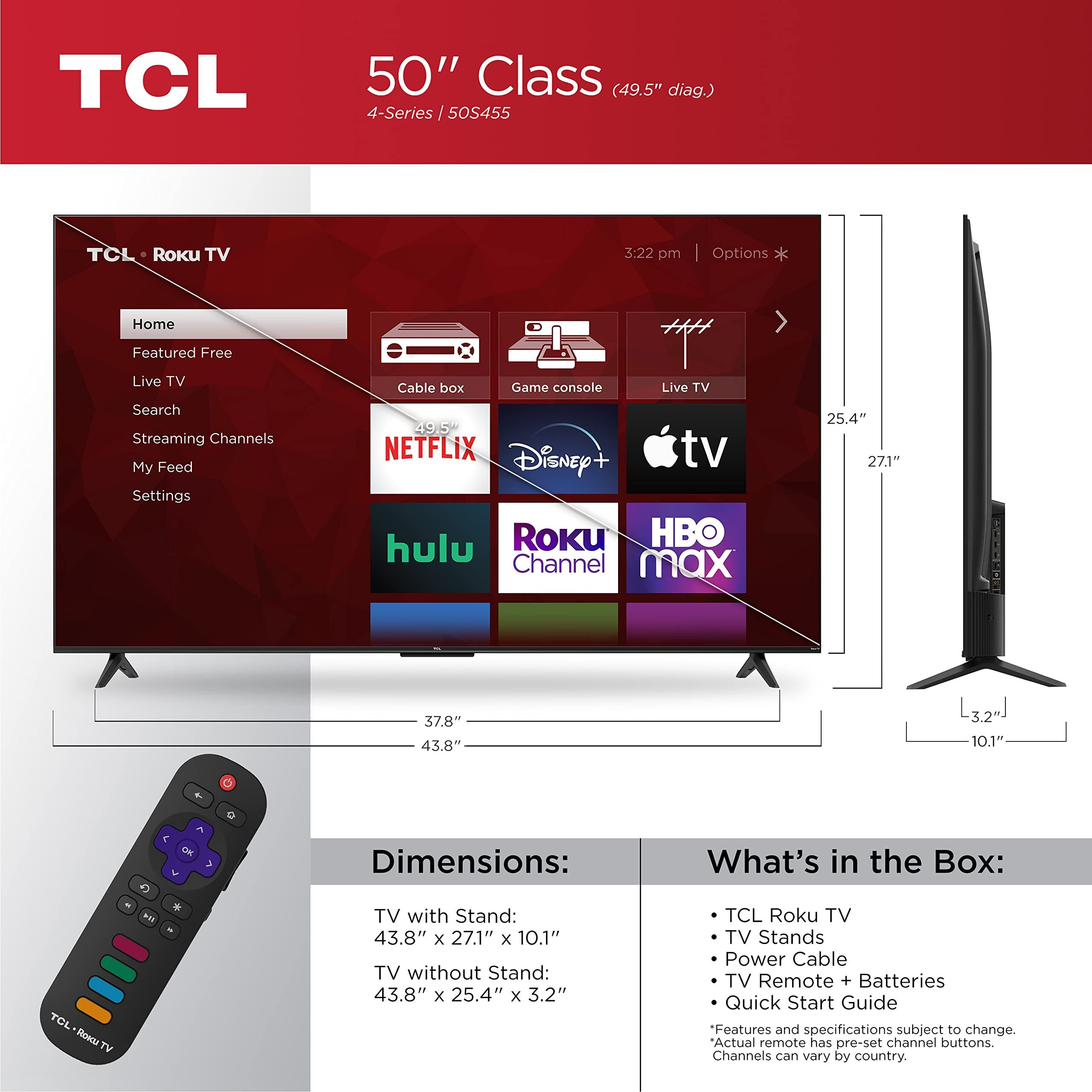 Tcl 50"" Class 4-Series 4K Uhd Hdr Smart Roku Tv - 50S455 2022, Black