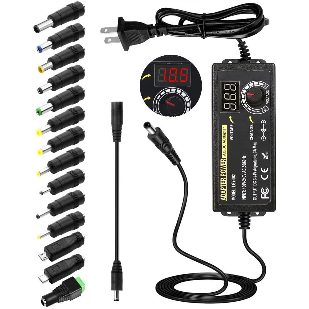 72W Power Supply Adjustable Dc 3V ~ 24V Variable Universal Switching Ac/Dc Adapter 100V-240V Ac To Dc Converter With Led Voltage Display And 14 Tips, For 3V To 24V Household Electronics - 3000Ma Max
