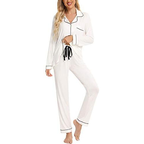 Anjue Pajamas Sleepwear Sets For Wedding White Lounge Set Women's Pajama Set Button Down Sleep Sets Soft Cotton Sleepwear(White,S)