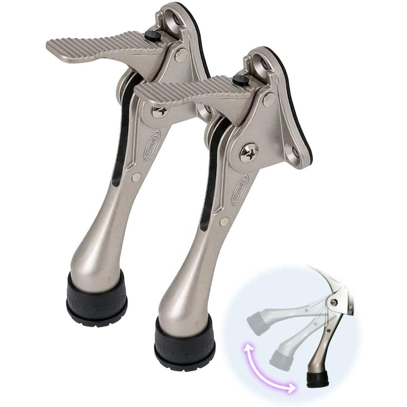 One Touch Kickdown Door Stopper, Door Holder, Heavy Duty Door Stops, Bottom Of Door, Height-Adjustable Rubber Tips By Hashi (Satin Nickel 4 Inch X 2Pack)