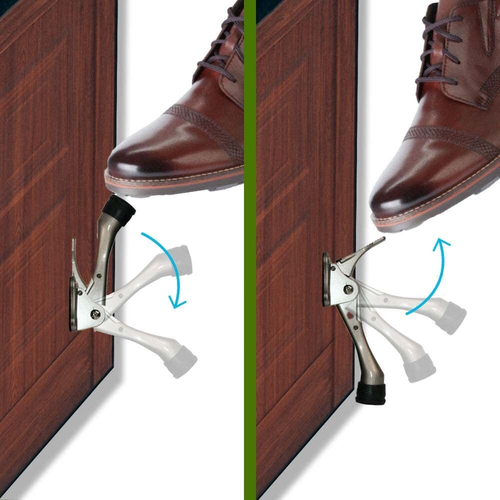 One Touch Kickdown Door Stopper, Door Holder, Heavy Duty Door Stops, Bottom Of Door, Height-Adjustable Rubber Tips By Hashi (Satin Nickel 4 Inch X 2Pack)