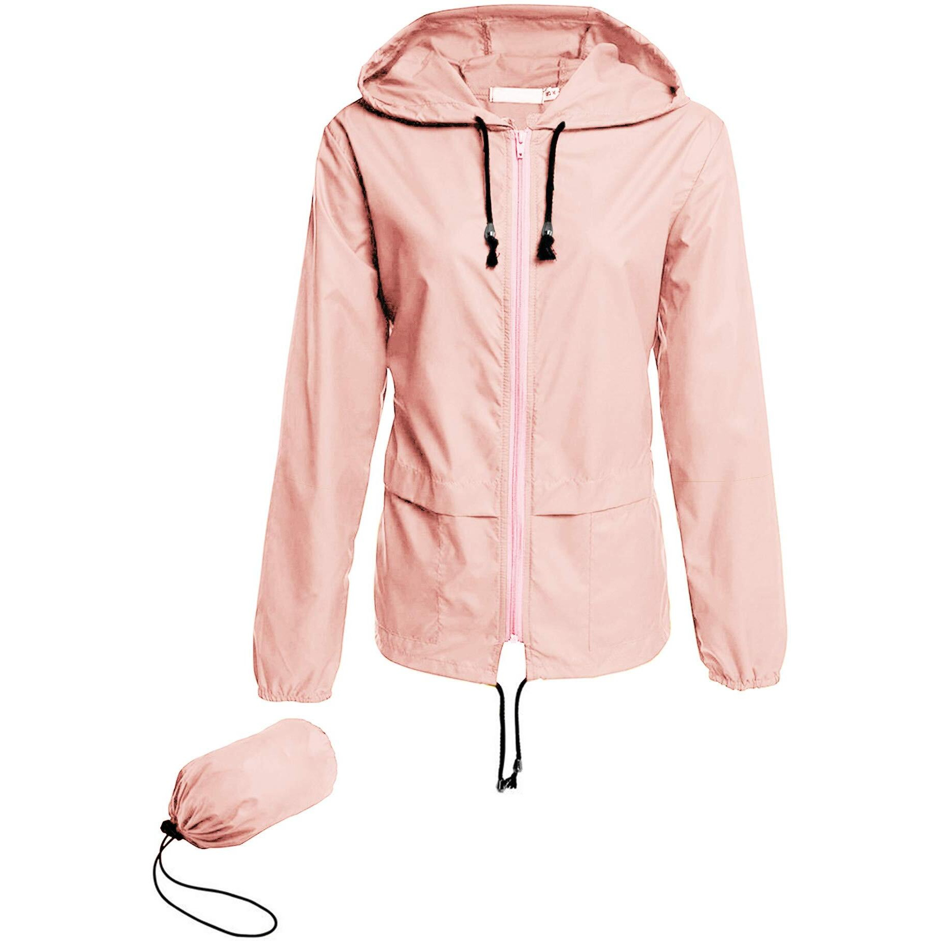 Avoogue Raincoat Women Lightweight Waterproof Rain Jackets Bike Jackets Packable Outdoor Hooded Windbreaker (Pink L)