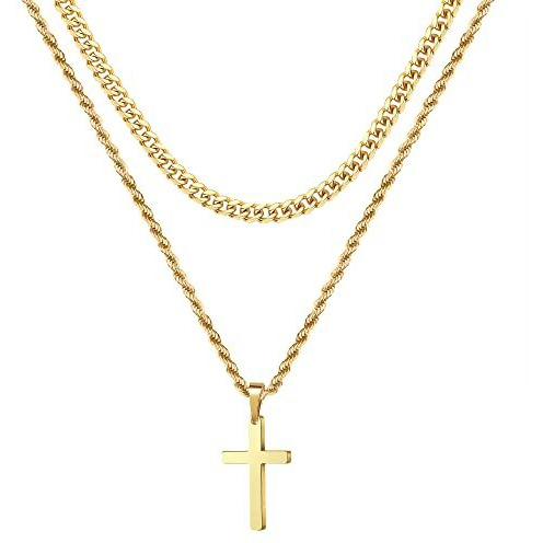 Cross Necklace For Men Women, Stainless Steel Gold Layered Rope Chain Cross Pendant Simple Necklace Jewelry Gifts Dainty Cross Chain Necklace For Women 18 20 Inch Mens Gifts Chains For Men Women