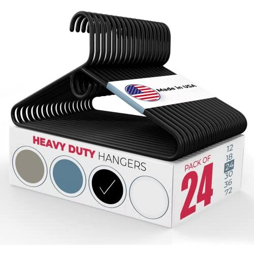 Usa-Made Heavy-Duty Plastic Hangers Black (12, 18, 24, 30, 36, 72 Packs) Thick Strong Plastic Clothes Hangers Heavy Duty Hook | Suit Coat Hangers Plastic, Non-Slip Adult Hangers (24 Pack)