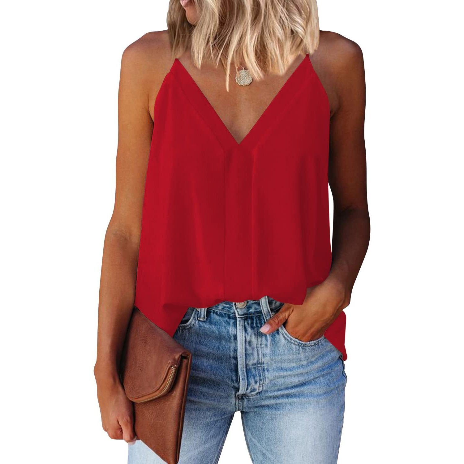 Miduo Womens Tanks Tops Casual Summer V Neck Tanks Tops Straps Cami Shirts Sleeveless Tanks Tops For Womens Red L