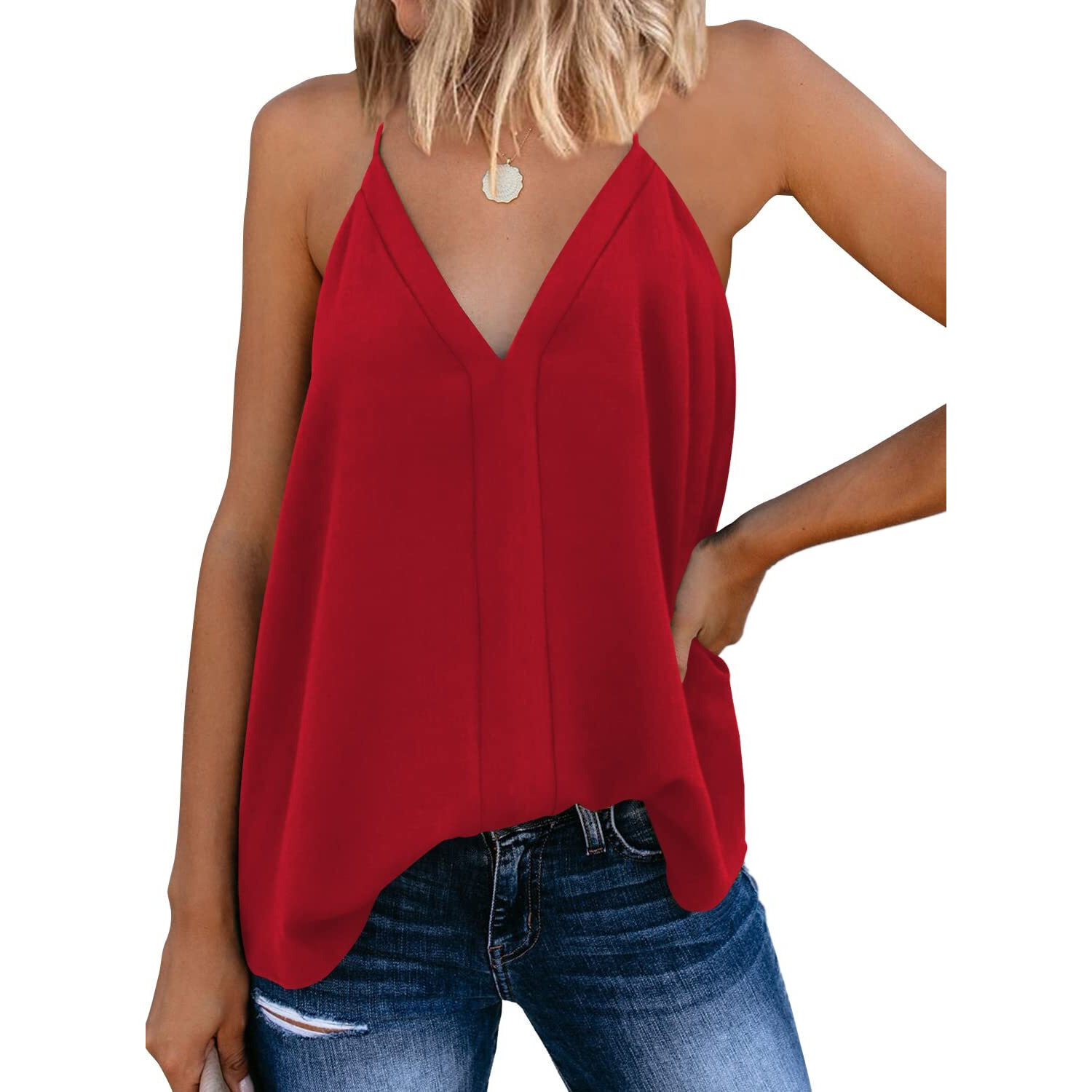 Miduo Womens Tanks Tops Casual Summer V Neck Tanks Tops Straps Cami Shirts Sleeveless Tanks Tops For Womens Red L