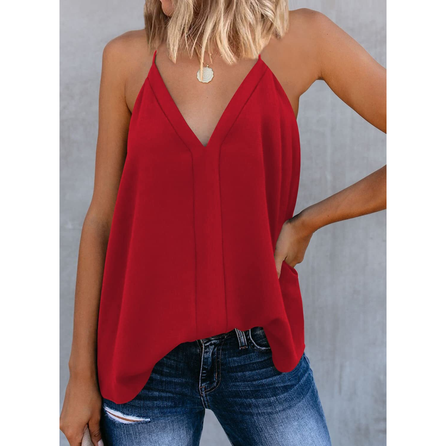 Miduo Womens Tanks Tops Casual Summer V Neck Tanks Tops Straps Cami Shirts Sleeveless Tanks Tops For Womens Red L