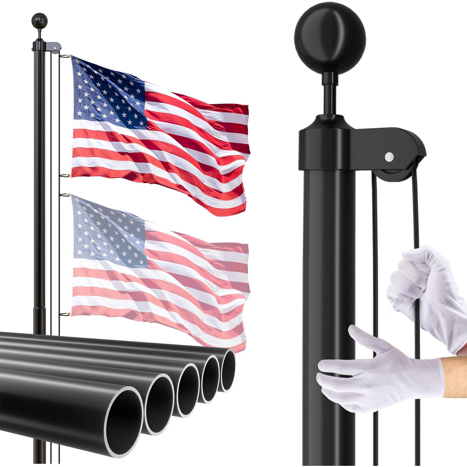 Ffily Flag Pole For Outside In Ground - 25 Ft Heavy Duty Flagpole Kit For Yard - Extra Thick Outdoor Flag Poles With 3X5 American Flag For Residential Or Commercial, Black