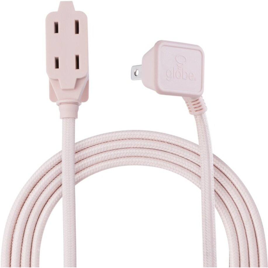 Globe Electric 22814 Designer Series 9-Ft Fabric Extension Cord, 3 Polarized Outlets, Right Angle Plug, 125 Volts, Pale Pink