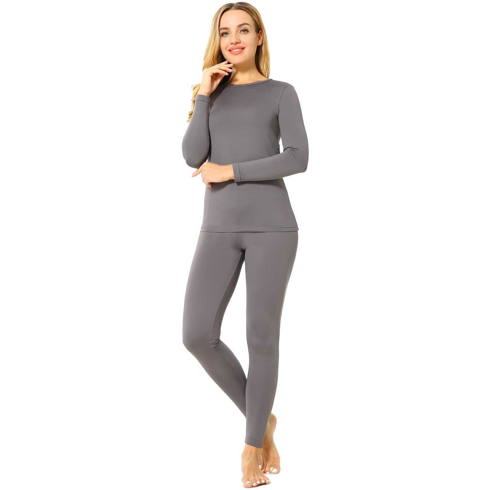 Vicherub Womens Thermal Underwear Set Long Johns Base Layer Fleece Lined Cold Weather Soft Top Bottom Gray 2Xl